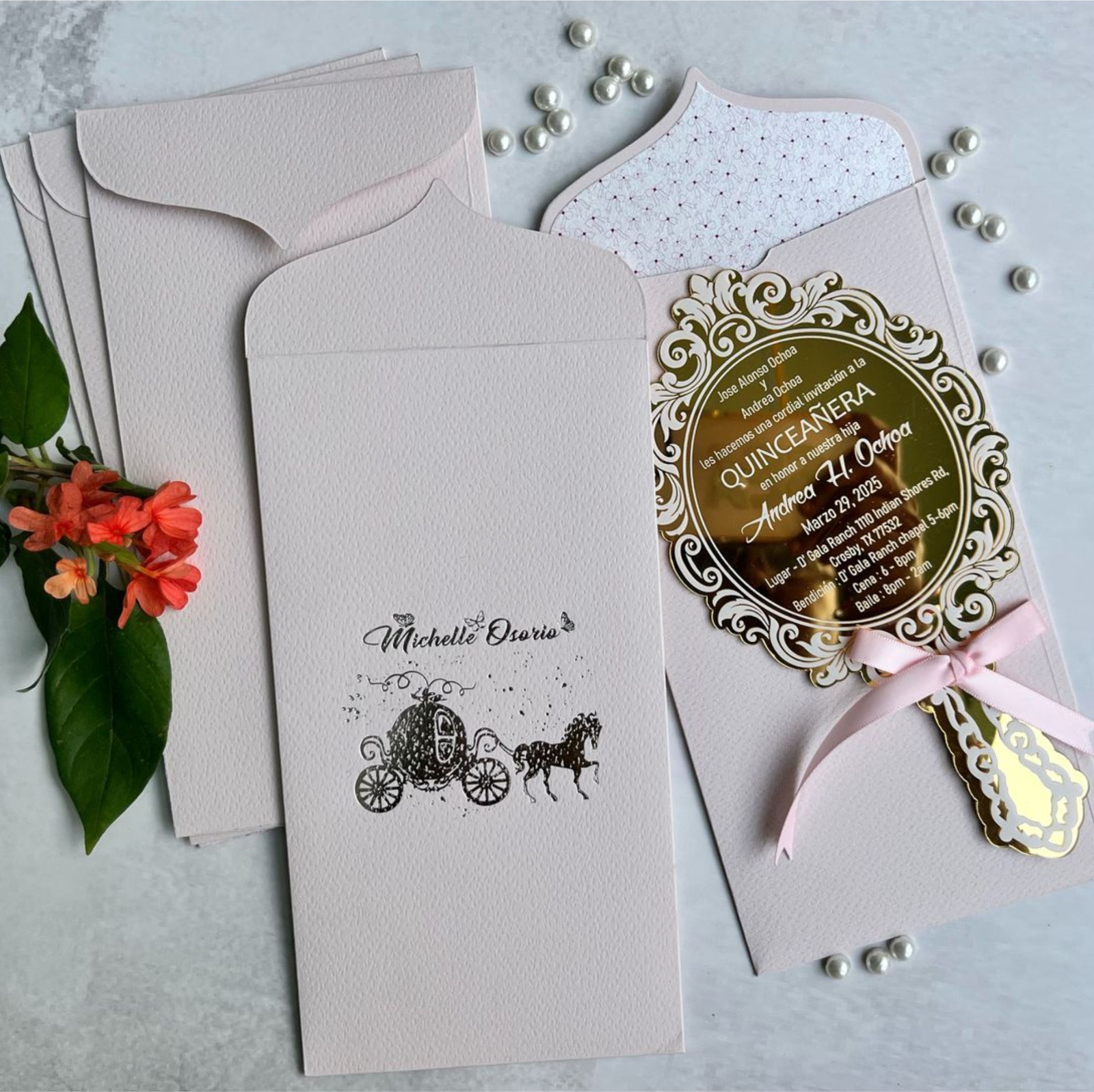 Unique Princess Birthday Rose Gold Mirror Crown Invitation & Dusty Pink Envelope
