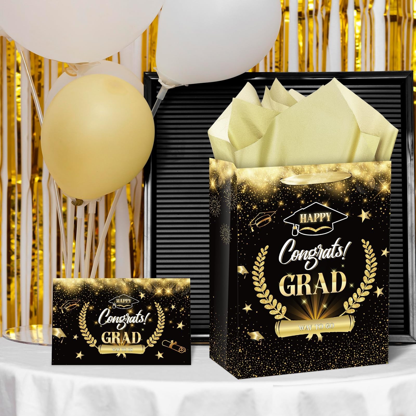 1Pc Black Gold Graduation Gift Bag with Tissue Paper and Cards, 13” Black Go…