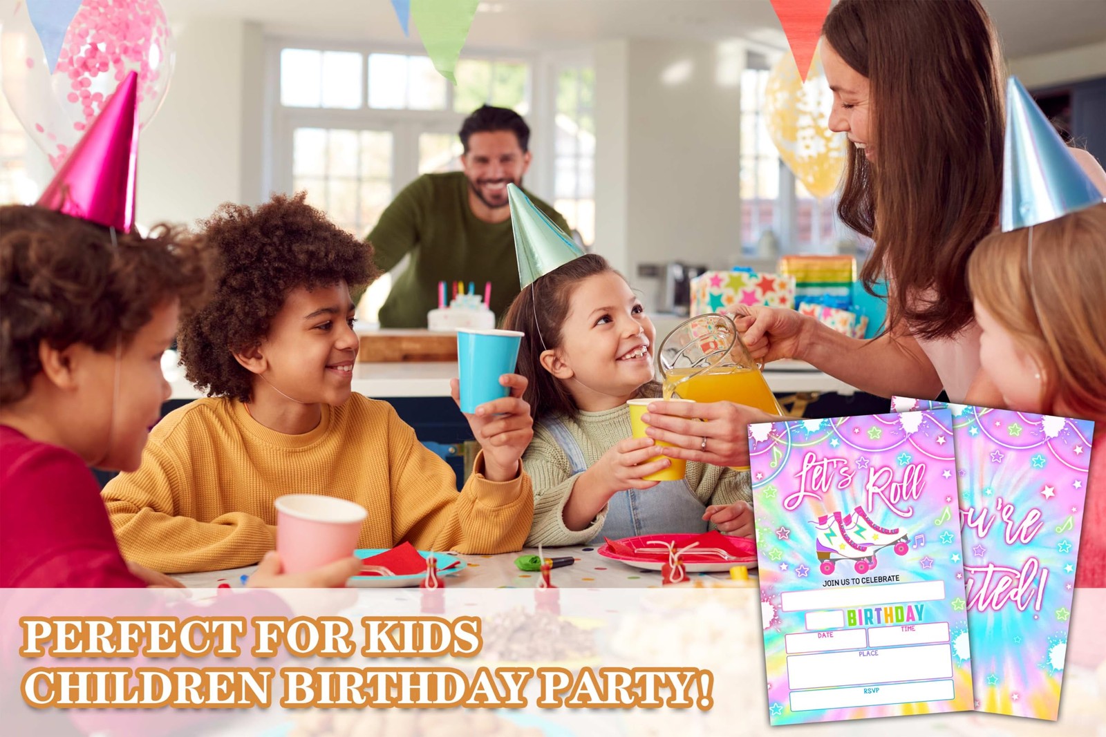 20 PCS Tie Dye Roller Skating Birthday Party Invitations With Envelopes 04