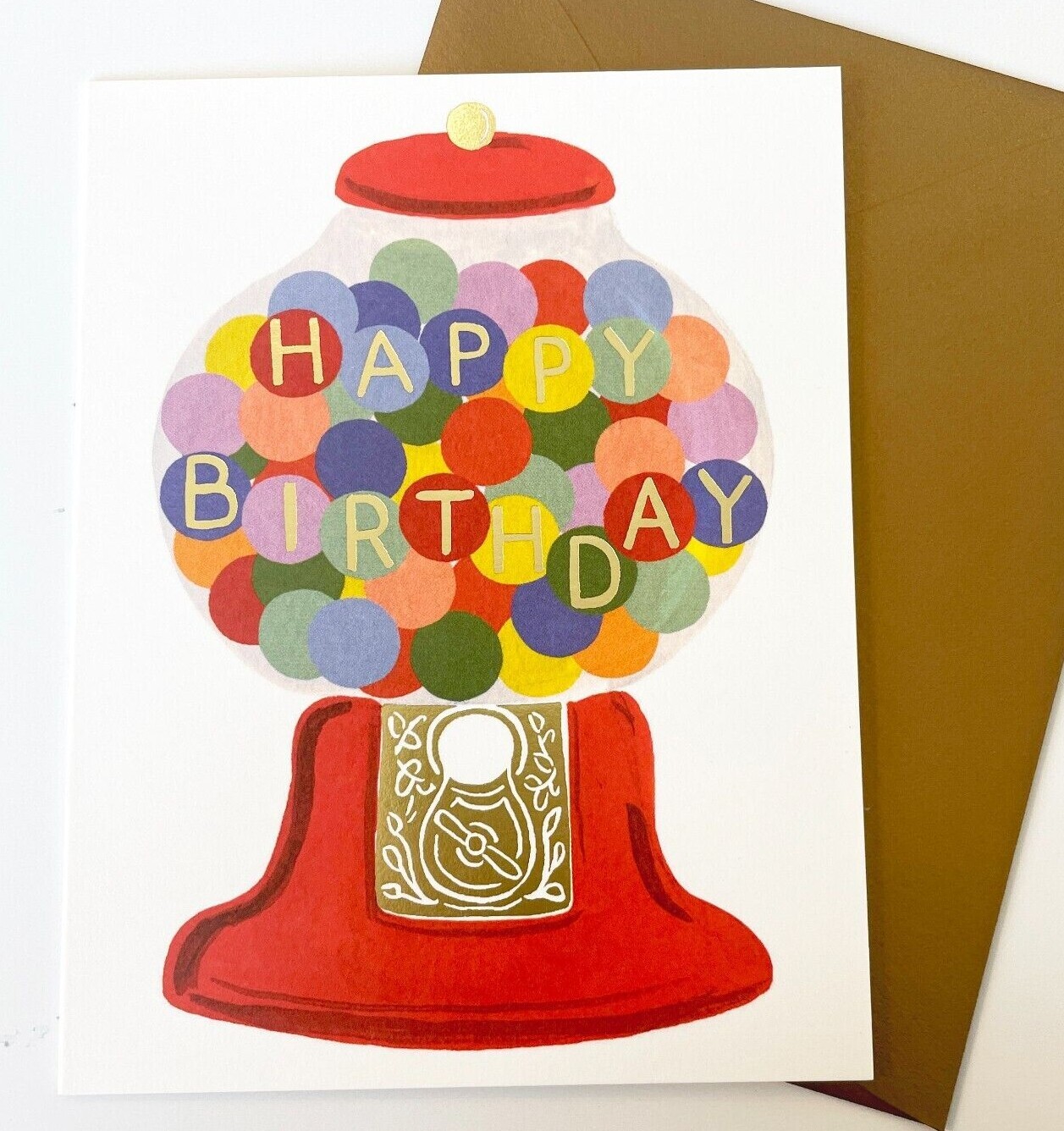 RIFLE PAPER CO. Greeting Card & Envelope – “GUMBALL BIRTHDAY” w Gold (Blank A2)