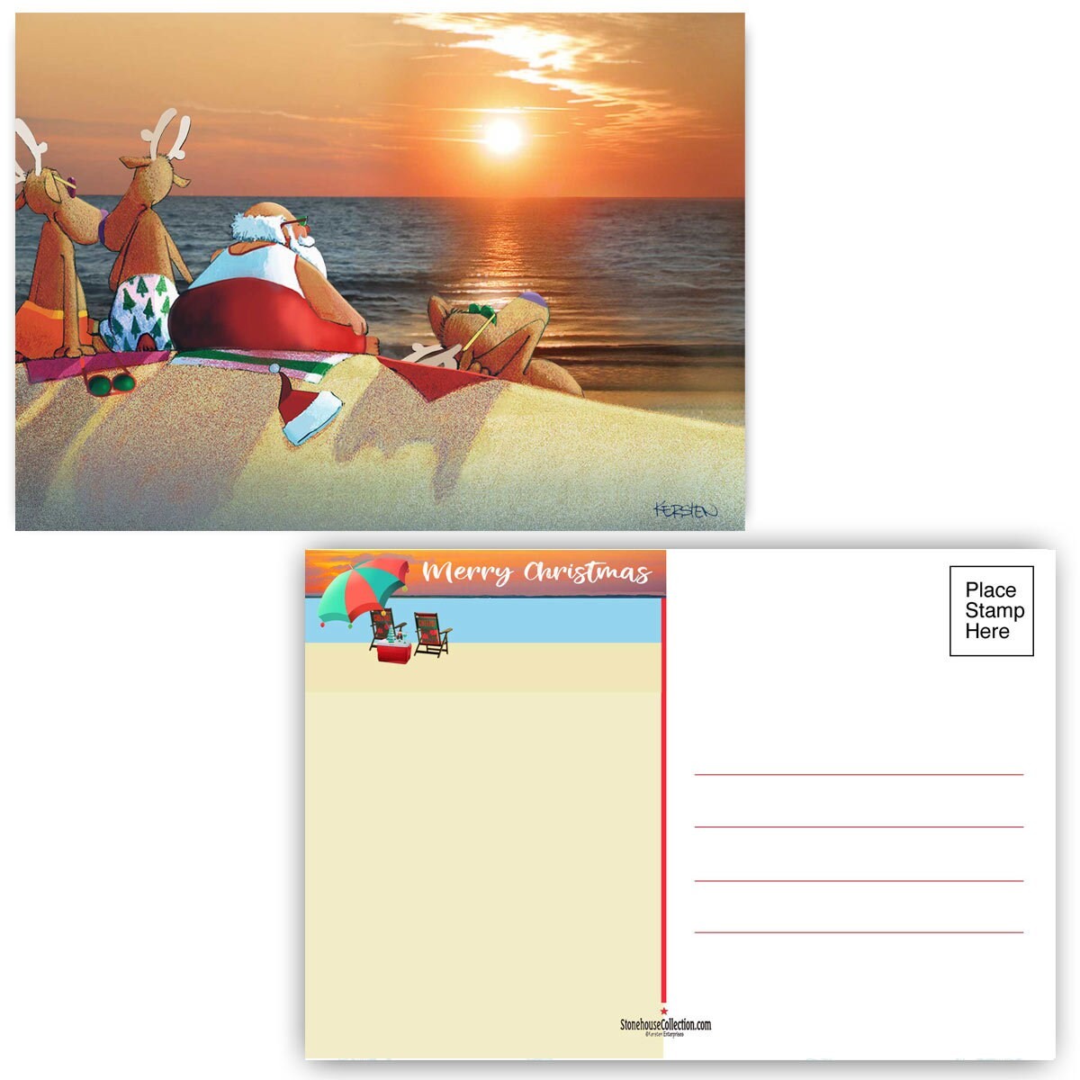 Santa and Friends Watching the Sunset Christmas Postcard – 40 Holiday – 17112