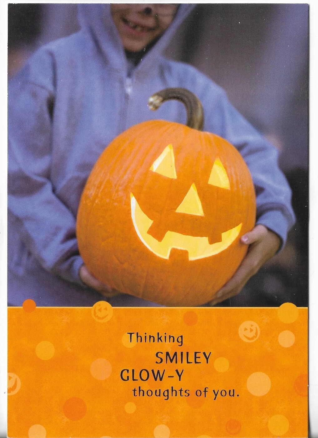 NEW Hallmark HALLOWEEN Card Boy w/Pumpkin Thinking Smiley Thoughts of You