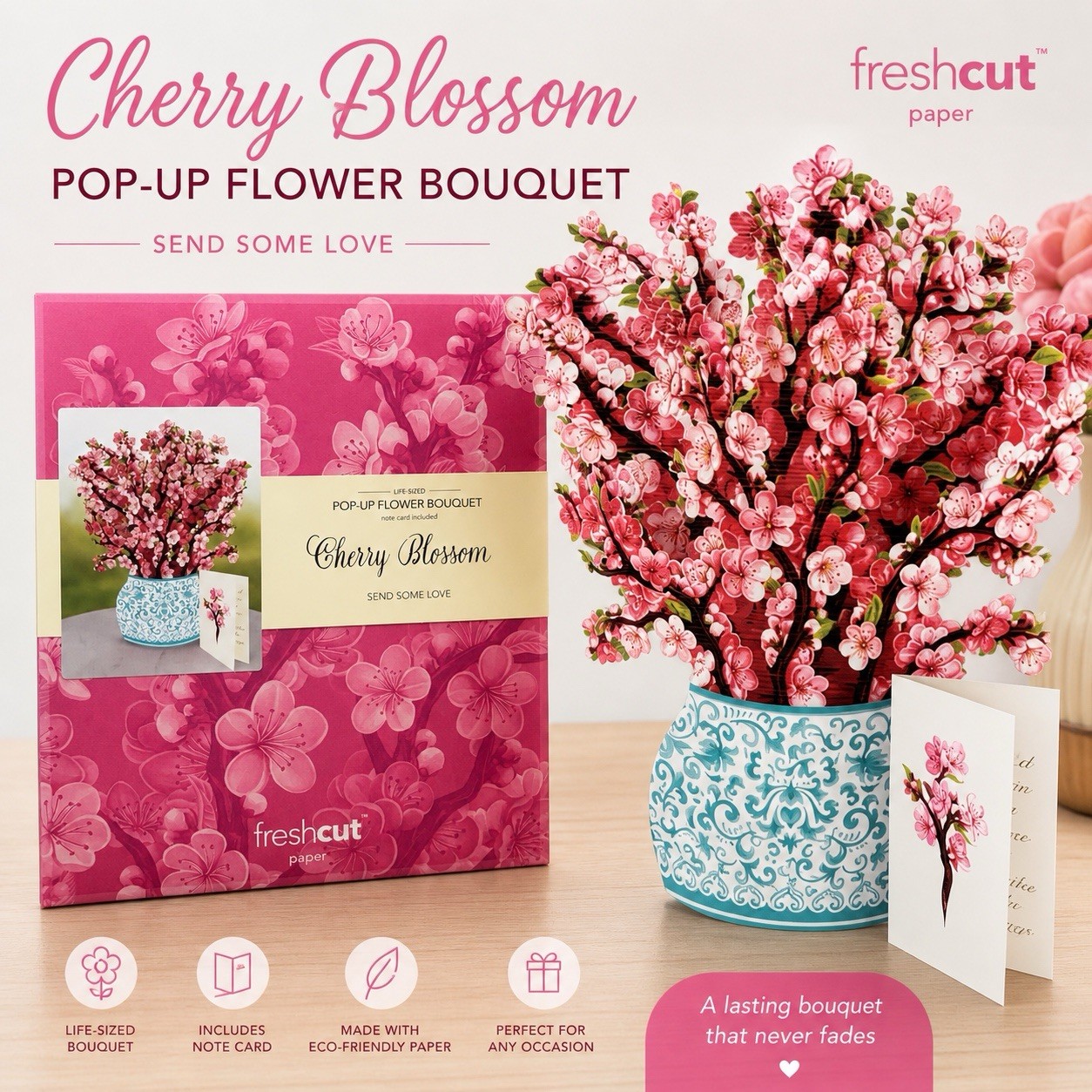 FreshCut Paper Pop-Up Flower Bouquet Cherry Blossom Life Sized 12″ Card NEW