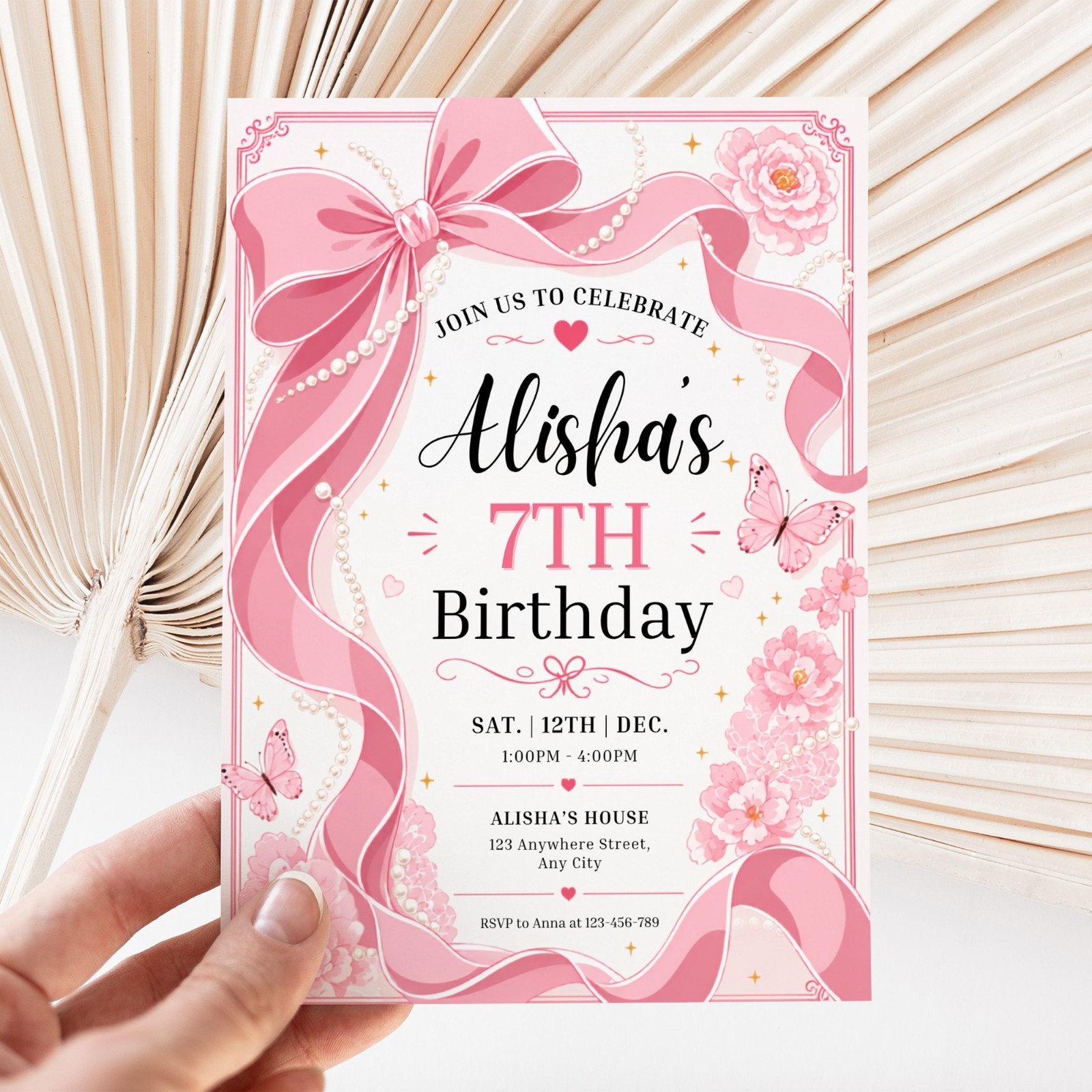 Pink Bow Birthday Invitation Editable Canva Template Butterfly Floral Invite