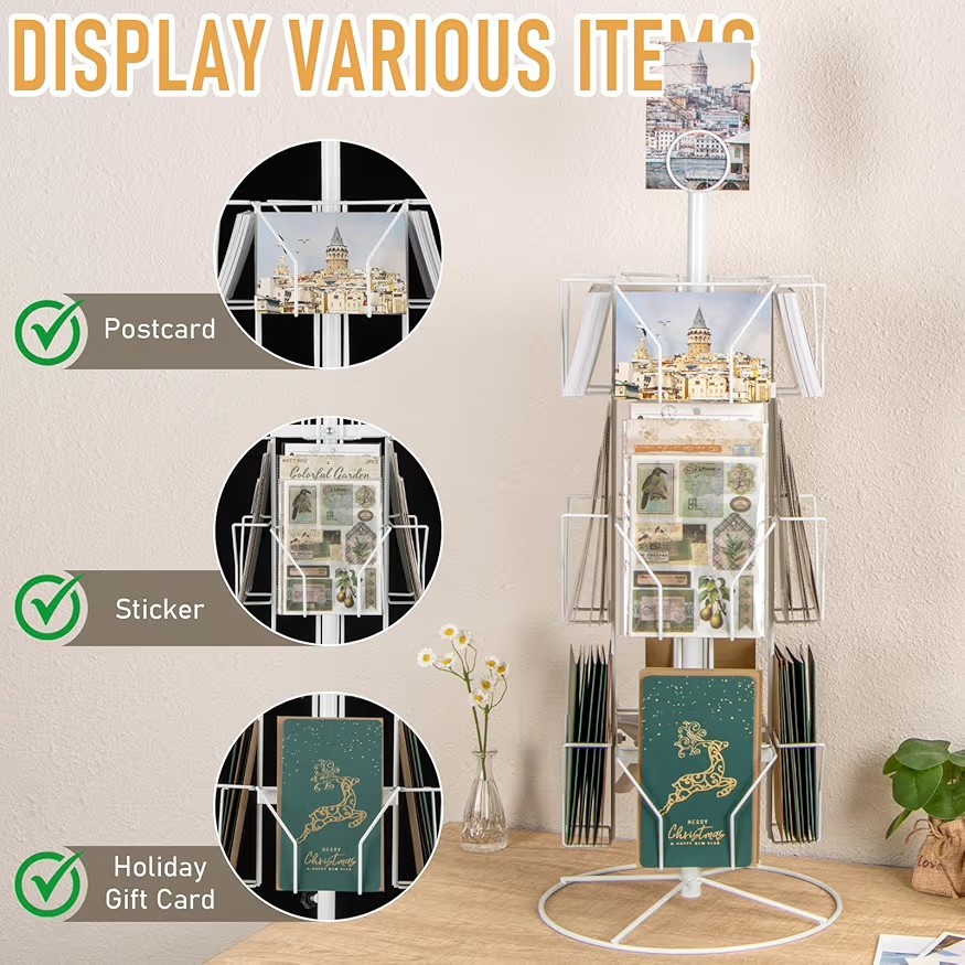 Elegant Rotating Greeting Card Display Rack – 3-Tier Metal Stand in White