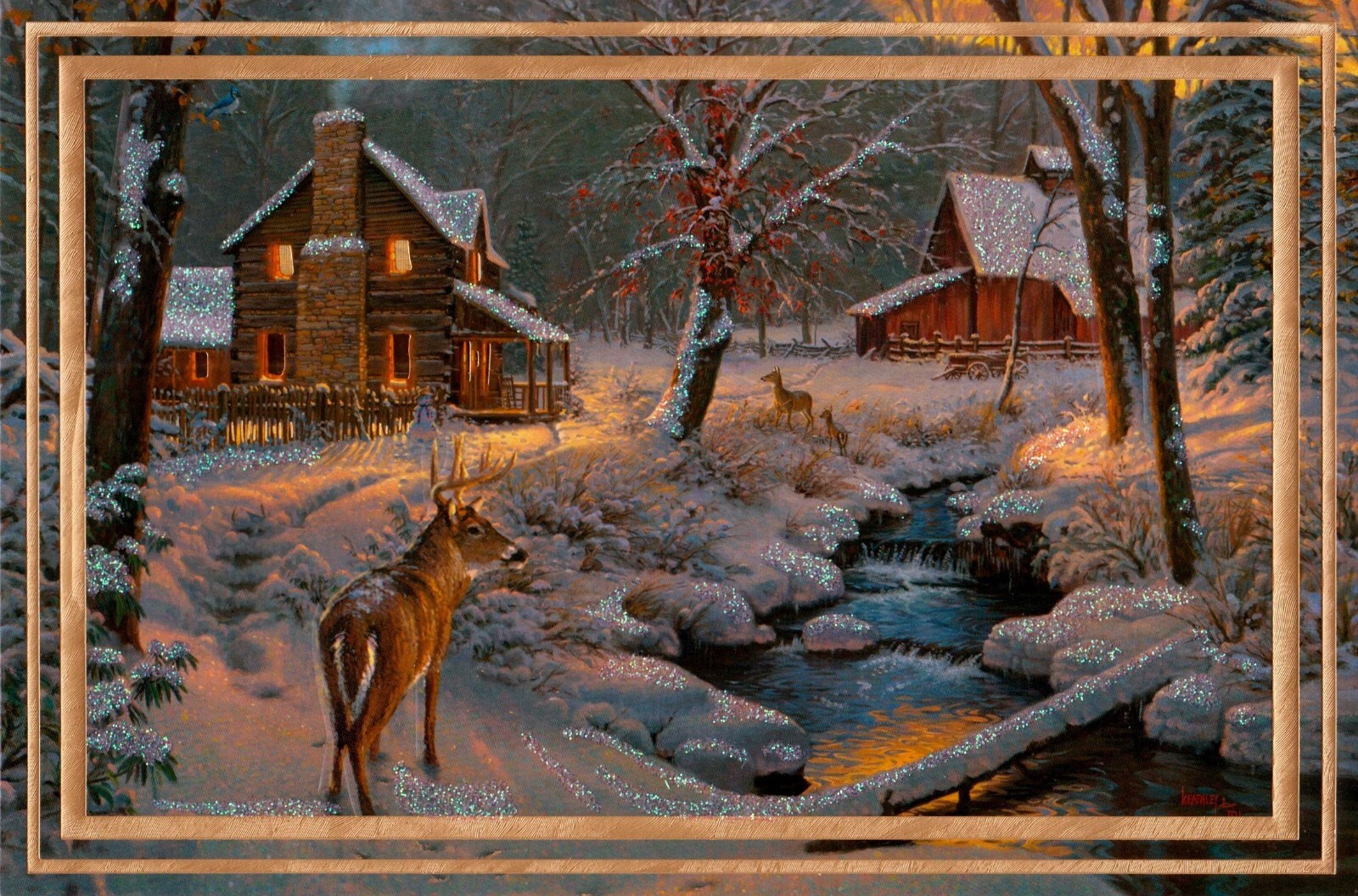Artist Mark Keathley Glitter Deer Snowy Scene Christmas Greeting Card