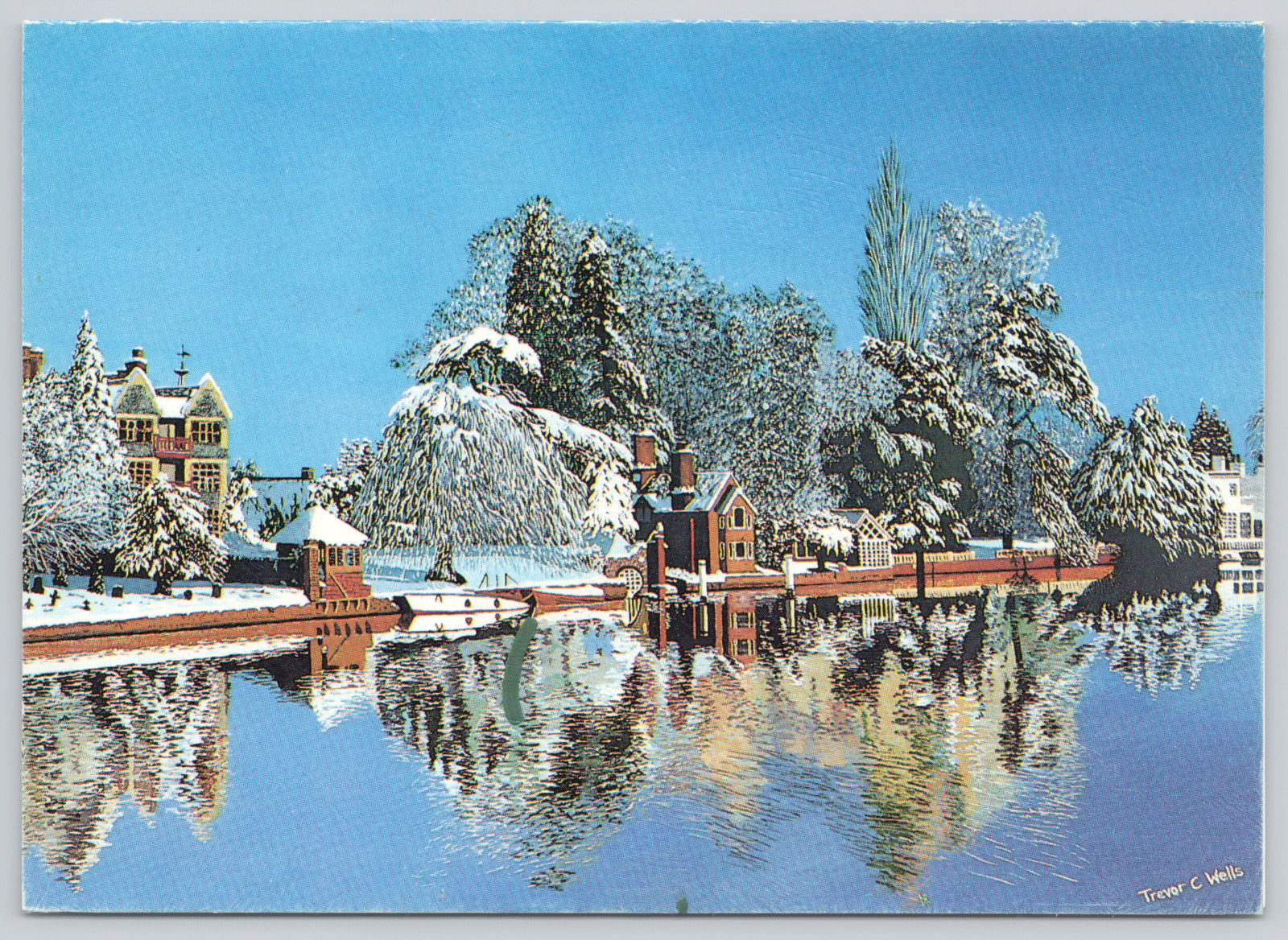 Greeting Card Winter Reflections by Trevor C Well Snowy Lakeside Scene Brickwork