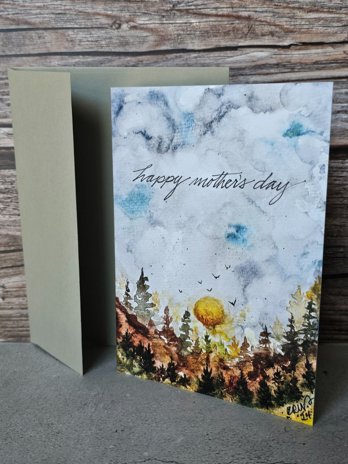 New Watercolor Print ‘Happy Mother’s Day’ Card Mountain Meadow Sunrise With Env