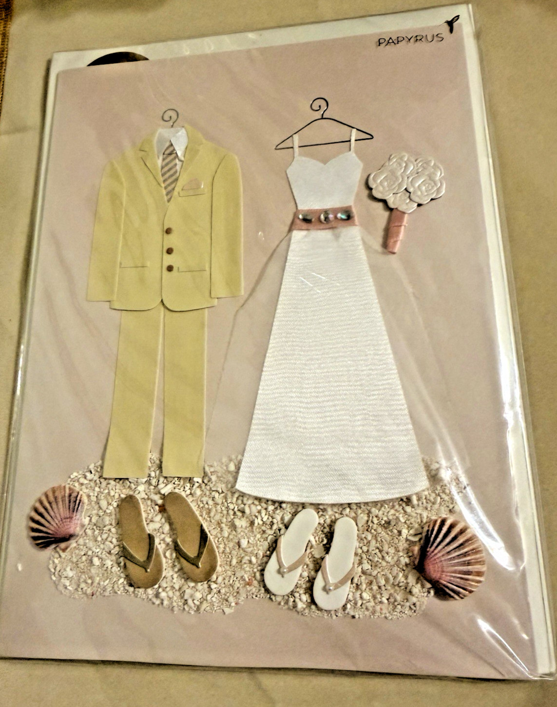 Papyrus Wedding Day Greeting Card Bride & Groom On Beach Flip Flops Shells Sand