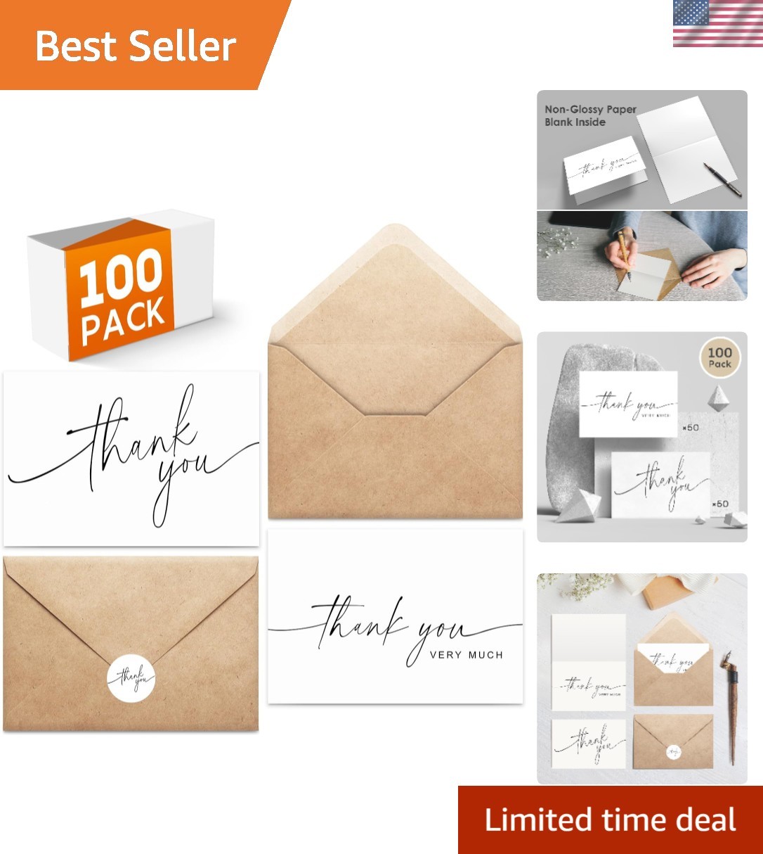 100 PACK Thank You Cards Bulk with Kraft Envelopes and Matching Stickers, 4X6 In