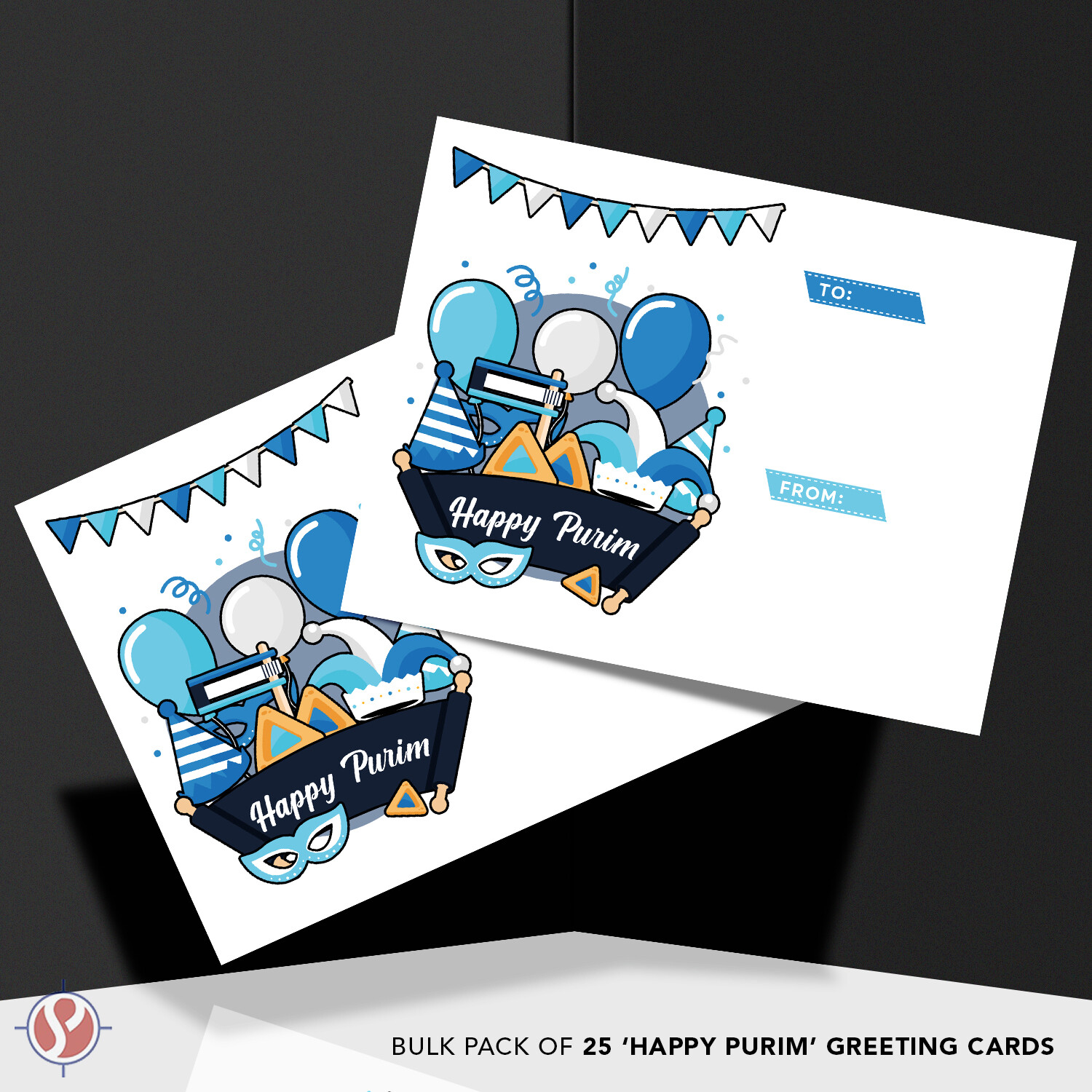 Happy Purim Greeting Cards, Jewish Holiday Complimentary Gift Note Cards, 25 Qty