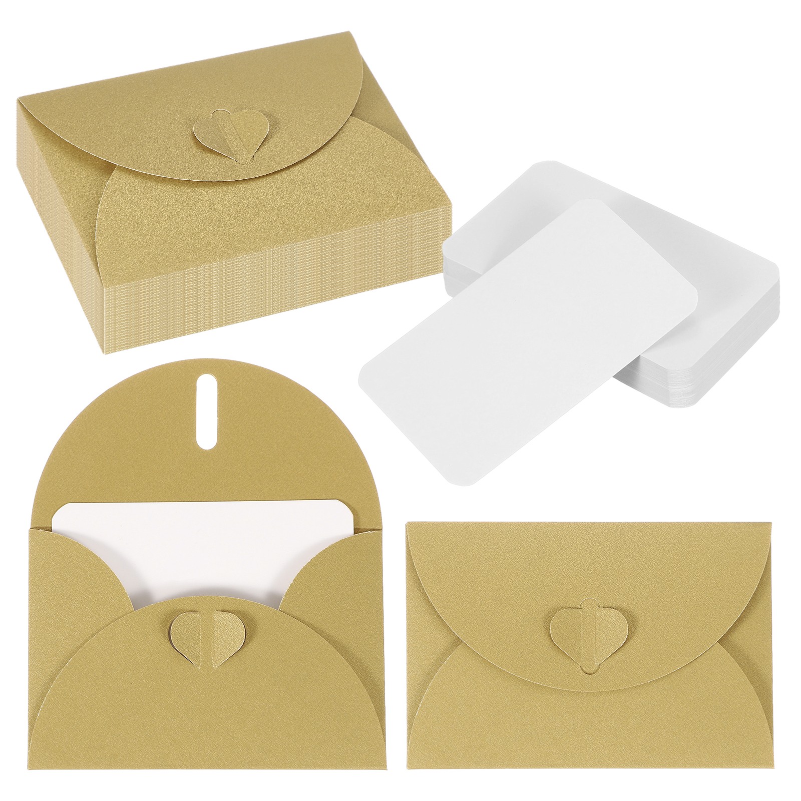 50 Set 4.1×3″ Mini Envelopes with Heart Clasp Blank Note Cards, Gold