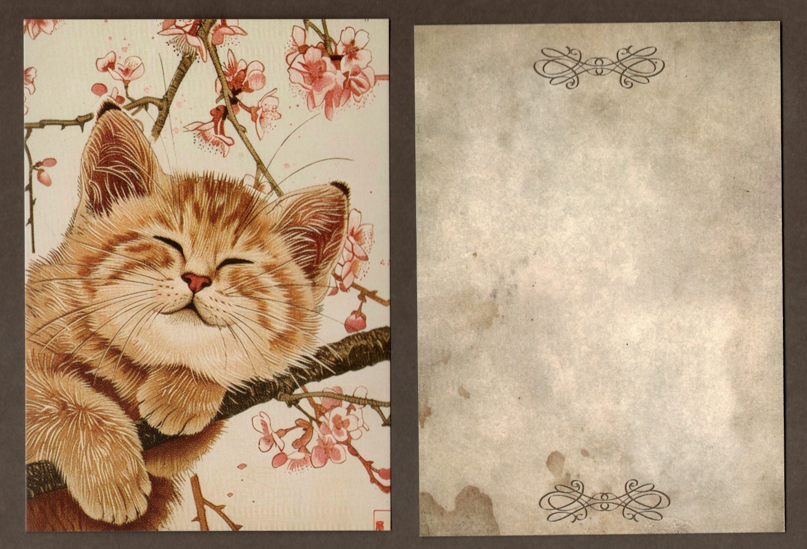 Cat Mini Art Print or Postcard, Orange Tabby Kitty, Pink, Floral 5.5″ x 4″