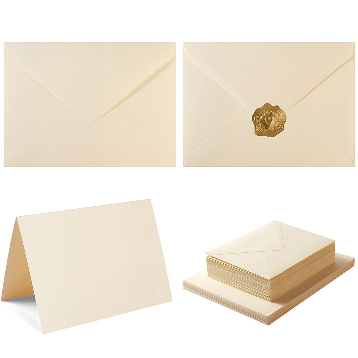 50 Pack Cream A7 Envelopes with Cards 5×7 Thick Folded Cardstock and Gold Sti…