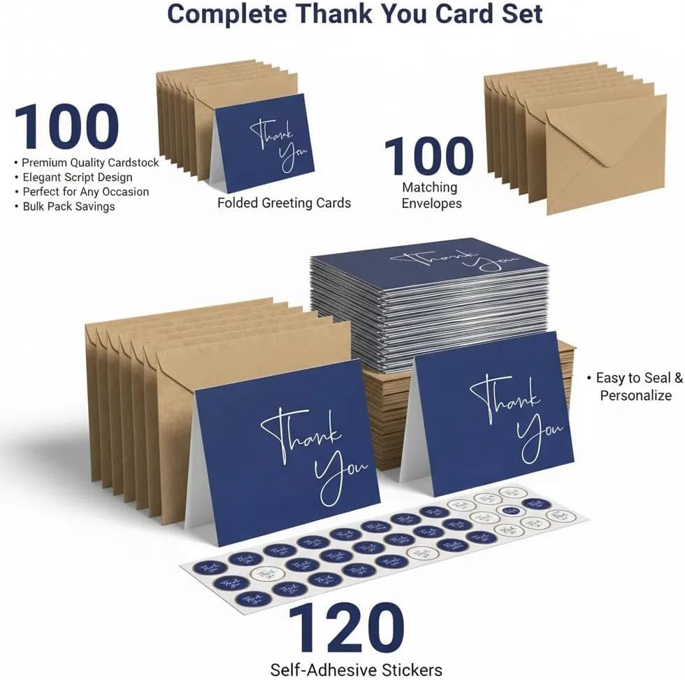 100 Pack Thank You Cards with Envelopes Bulk Set & Stickers – 4X6 Inch Blank Tha