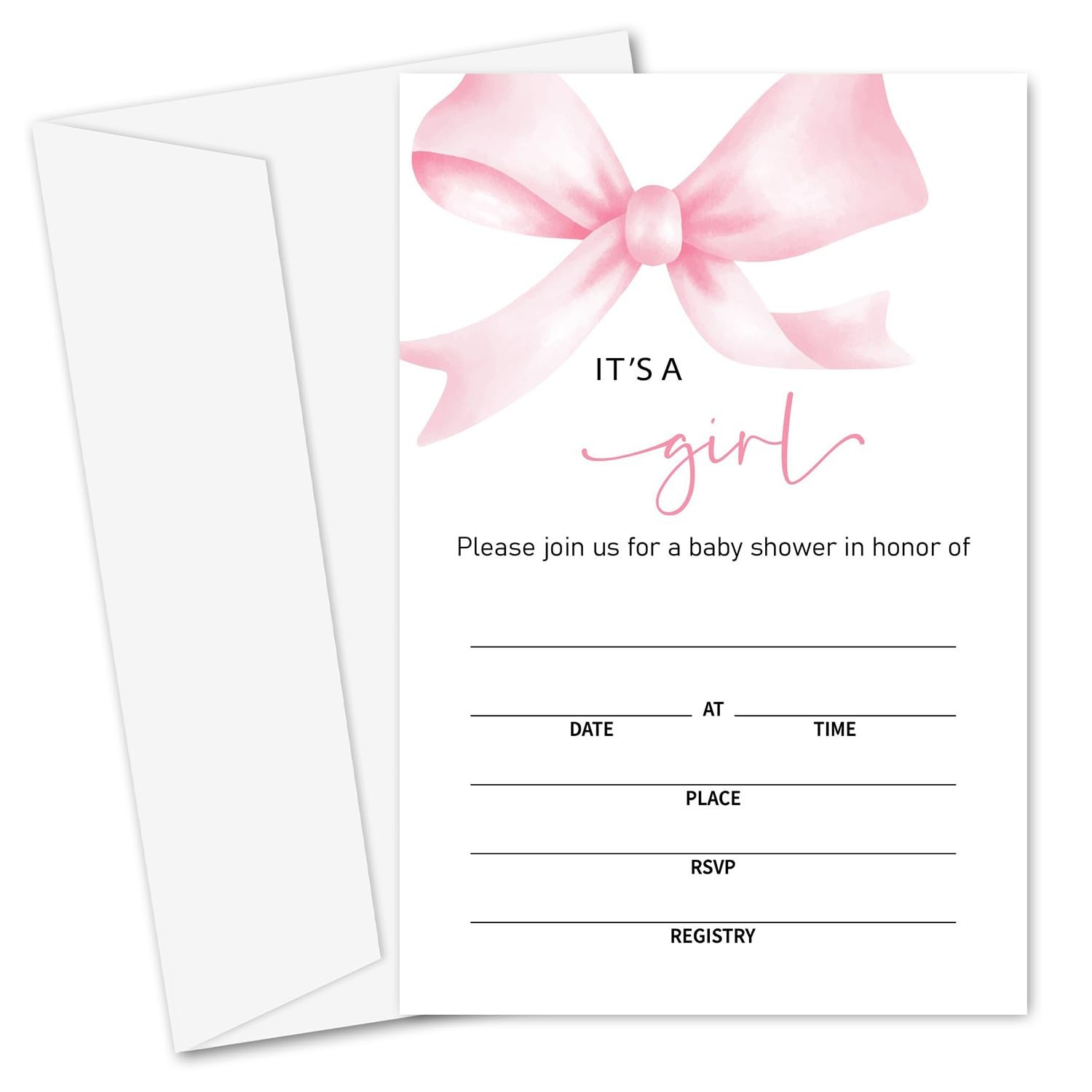 25 Pink Bow Baby Shower Invitations for Girl 4×6 Fill-in Cards Envelopes