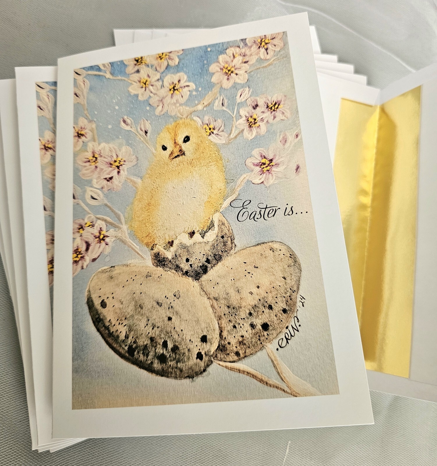 Lot Of 5 Easter Chick Watercolor Print Cards On Glossy 5.5×7.75 With White…