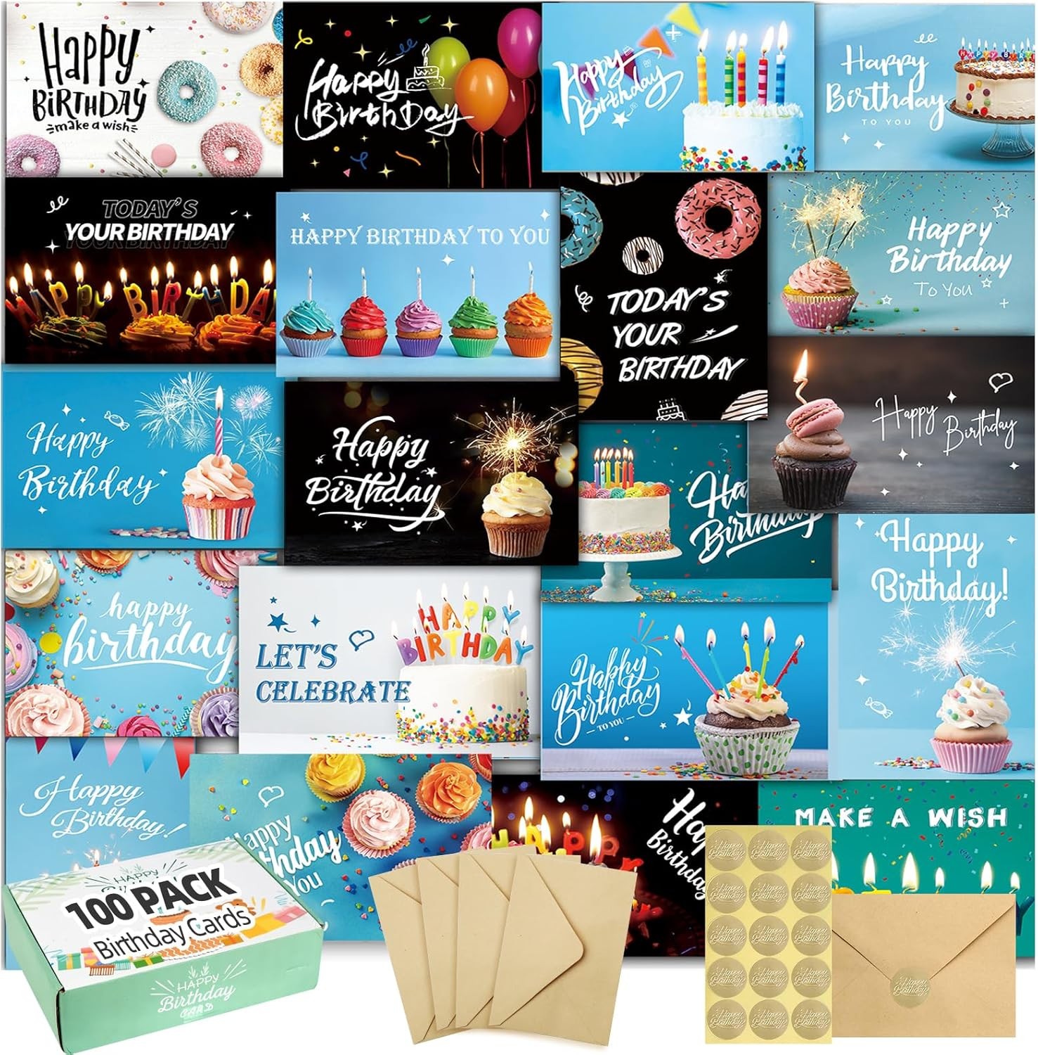 100 Happy Birthday Cards with Envelopes, 20 Unique Designs, Birthday Cards Bulk