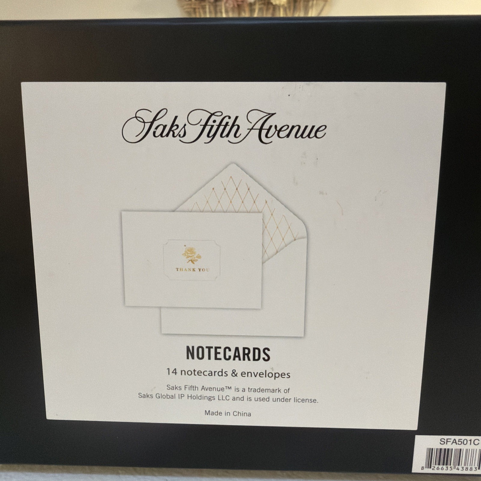 Saks Fifth Avenue Elegant Gold Rose Thank You Cards. 14 Notecards, New & Sealed.