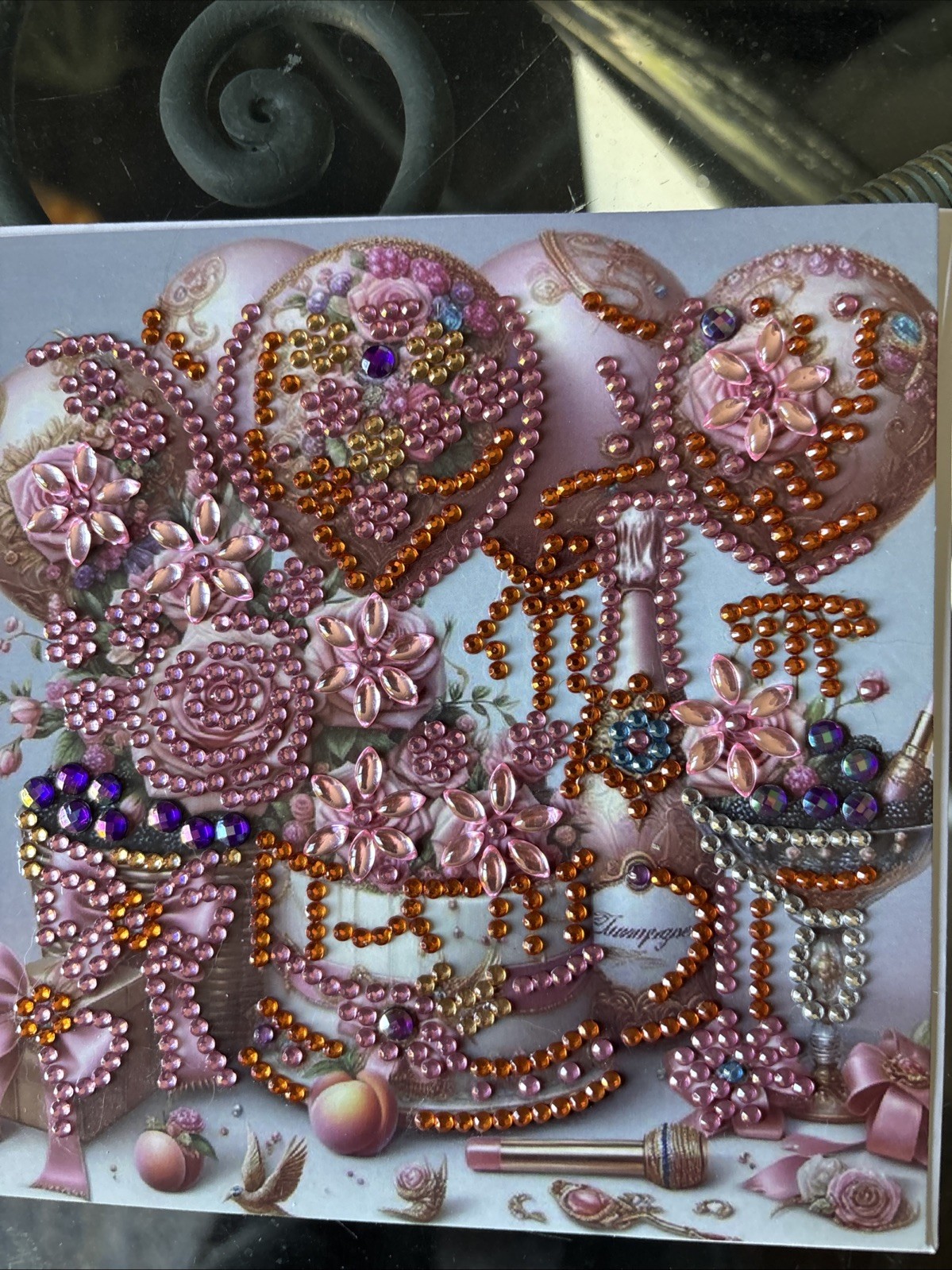 Unique Birthday Diamond Art COMPLETED Greeting Card W/Balloons & Champagne