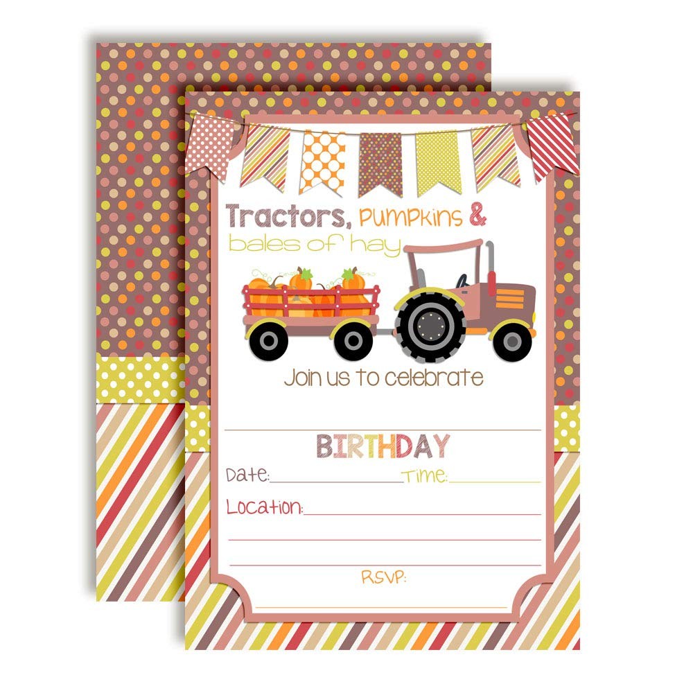 20 PCS 5×7 Fall Tractor Pumpkins Party Invitations, Girls Birthday, Envelopes