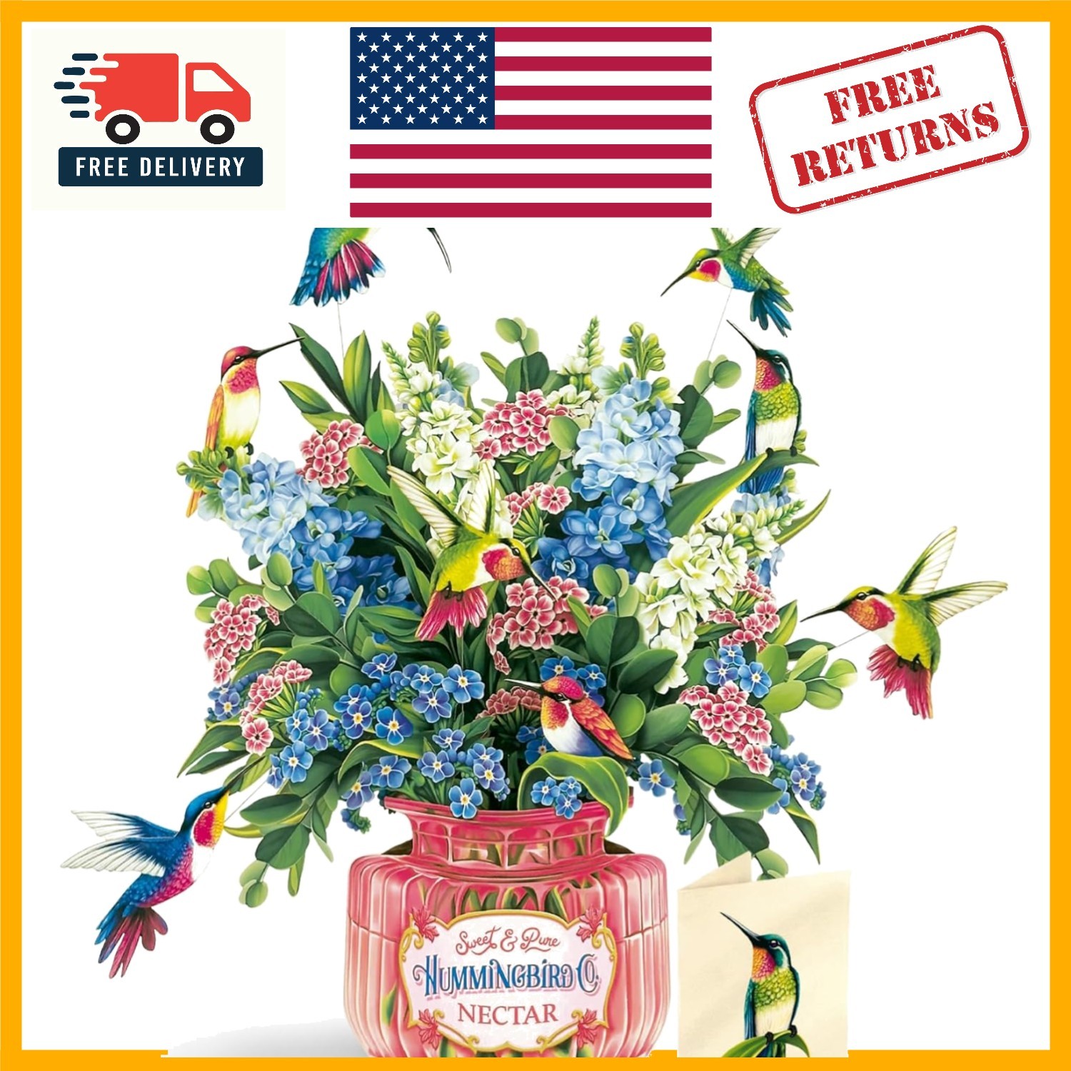 Vibrant Forever Flower Bouquet Pop-Up Card with Hummingbirds – Eco-Friendly Gift