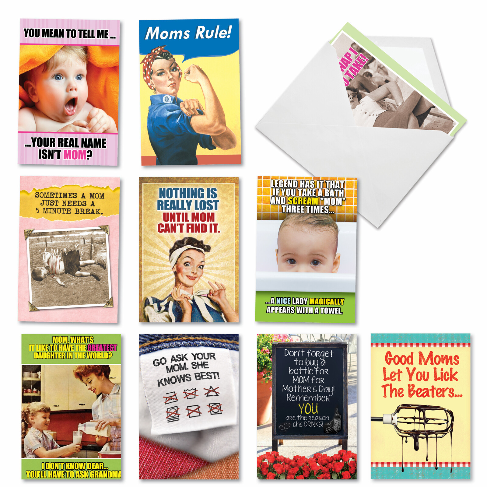 10 Funny Mother’s Day Cards w/ 5×7″ Envelopes – Mom Always Knows Best