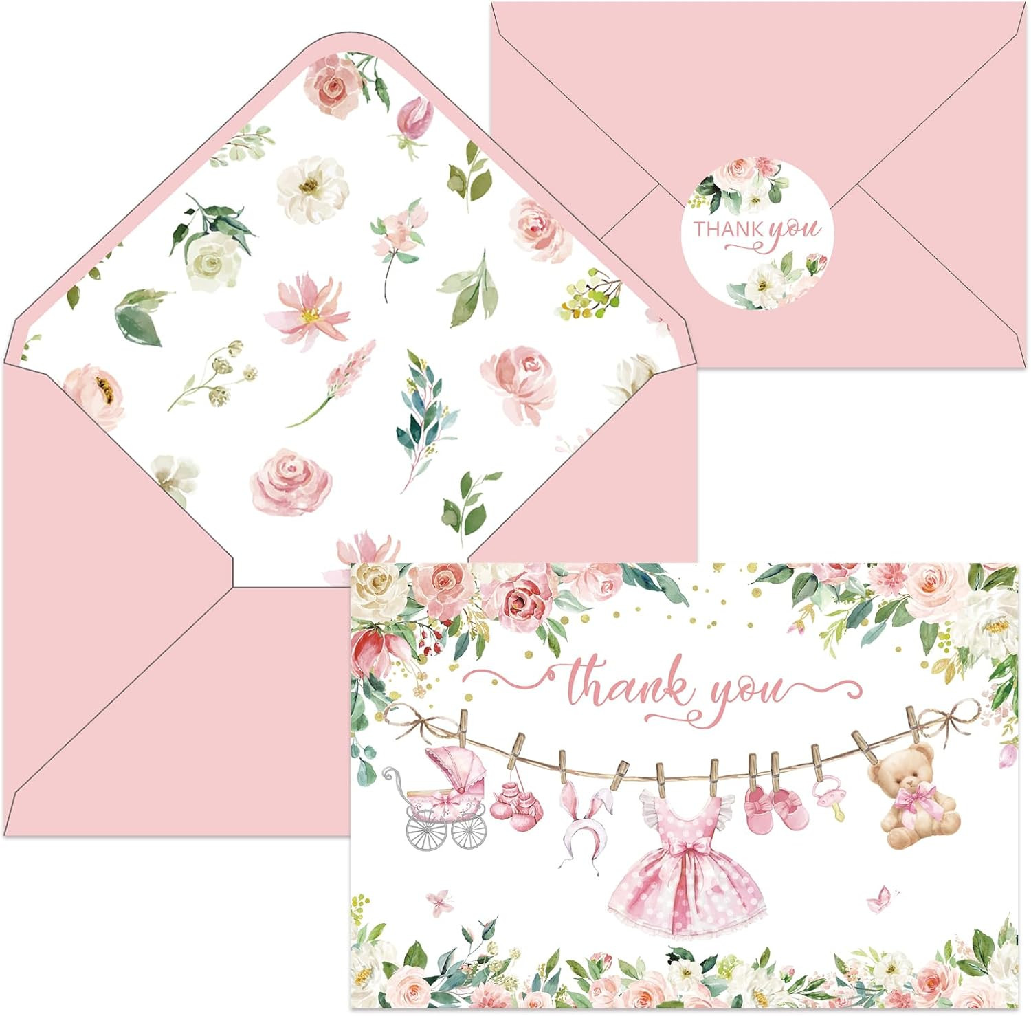 Tarjetas de agradecimiento para baby shower de nina con sobres rosa 24 pzas