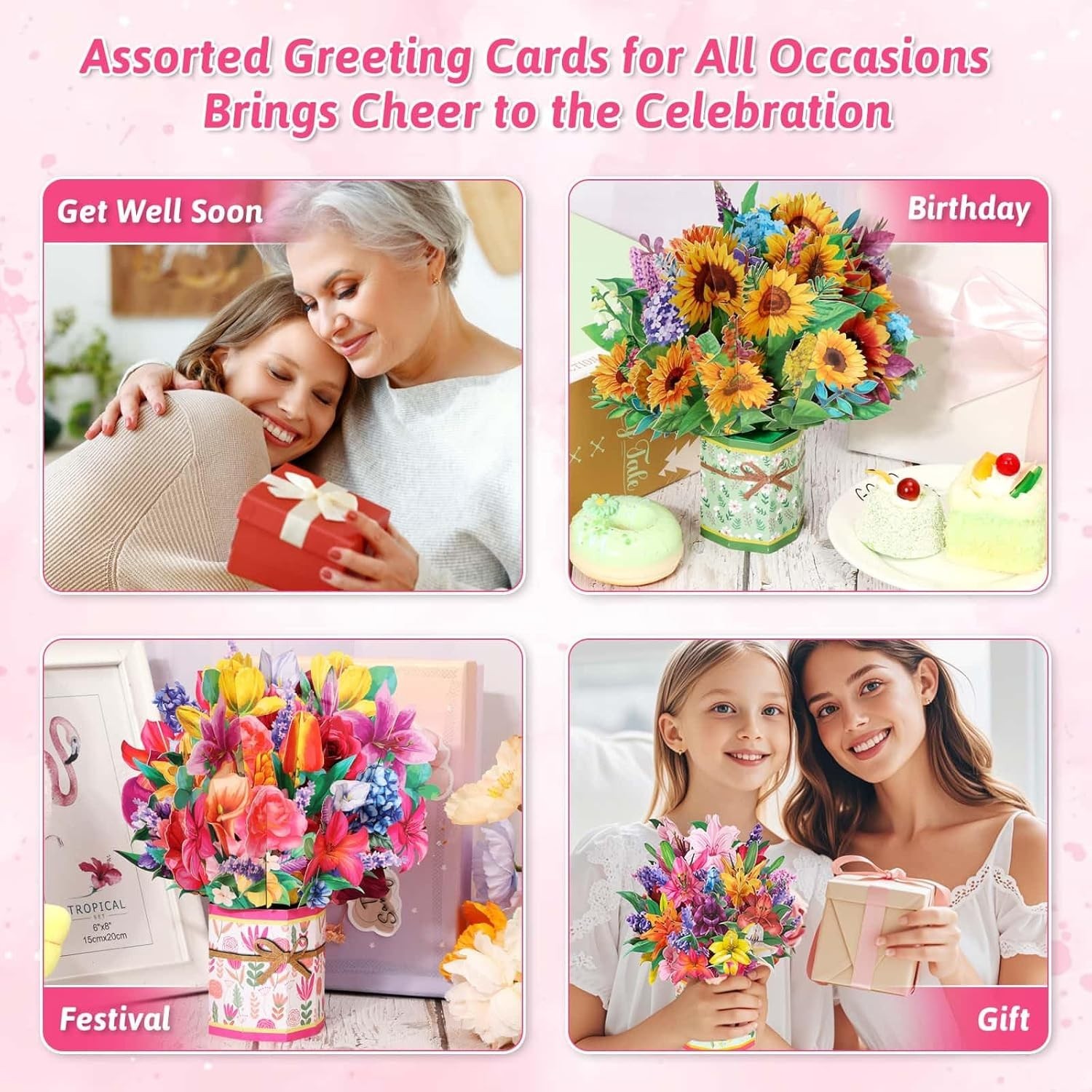 Assorted Flower Bouquet Pop-Up Cards, Perfect for Mother’s Day & More, 8 Count
