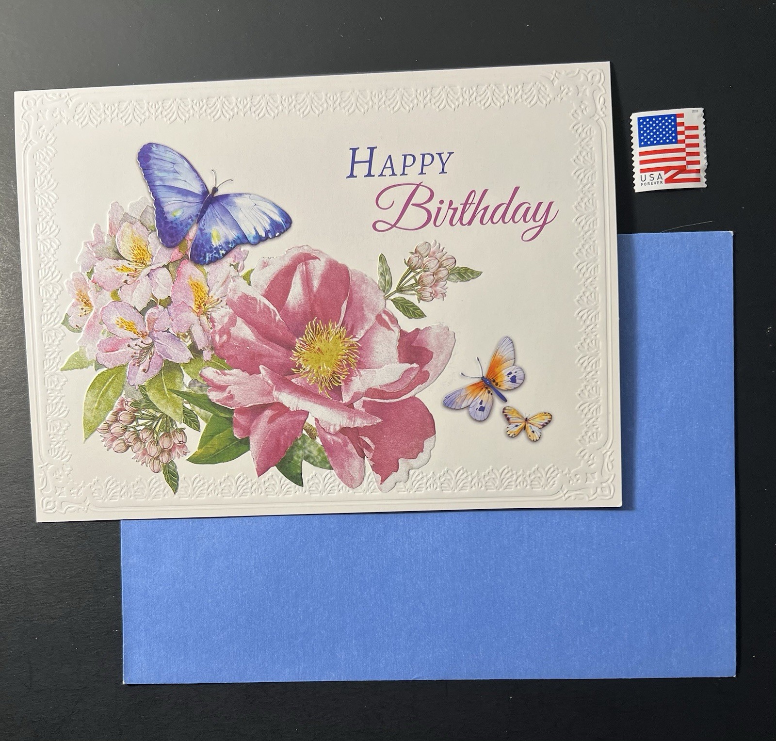 Floral Butterfly Design HAPPY BIRTHDAY Card w/Blue Env/Stamp BN