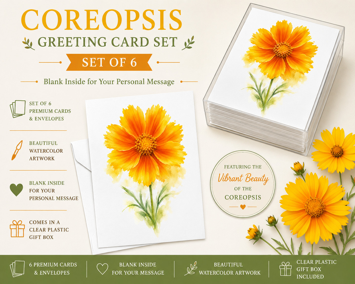 Coreopsis Greeting Card Set of 6 Blank Note Cards with Clear Gift Box