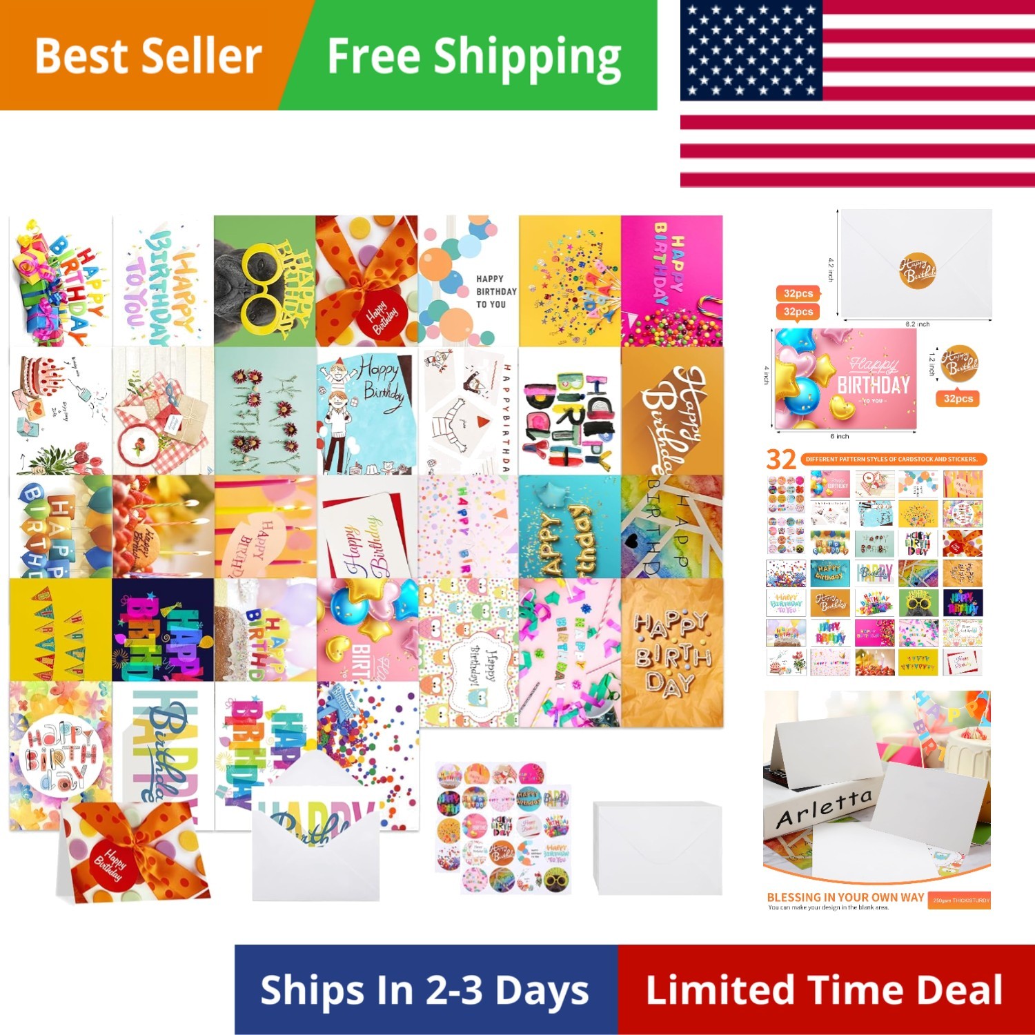 Joyberg 32 PCS Happy Birthday Cards Bulk with Envelopes, 4X6 Assorted Birthday C