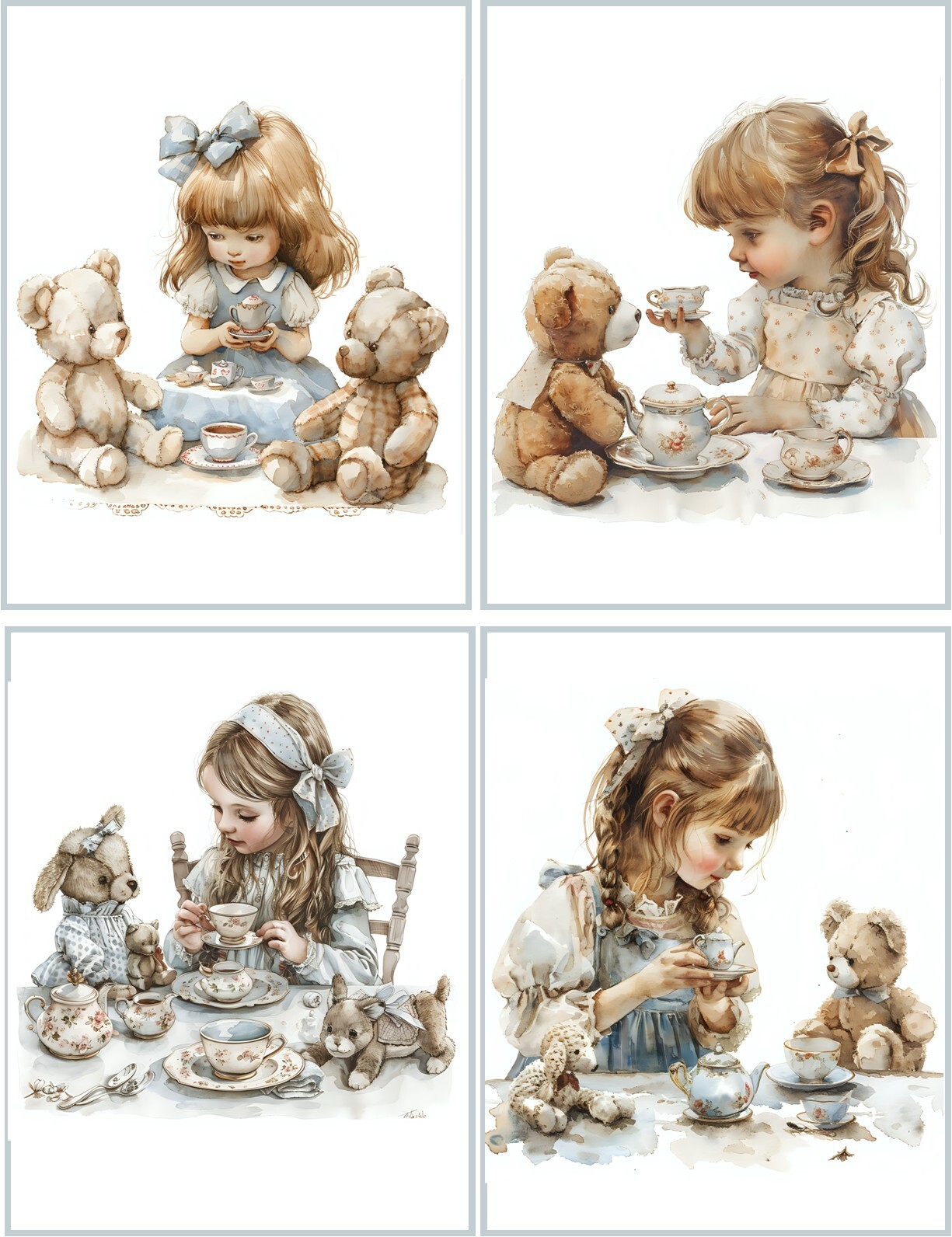 8 Girl Teddy Tea Party Vintage glossy blank fold out Note Card envelopes