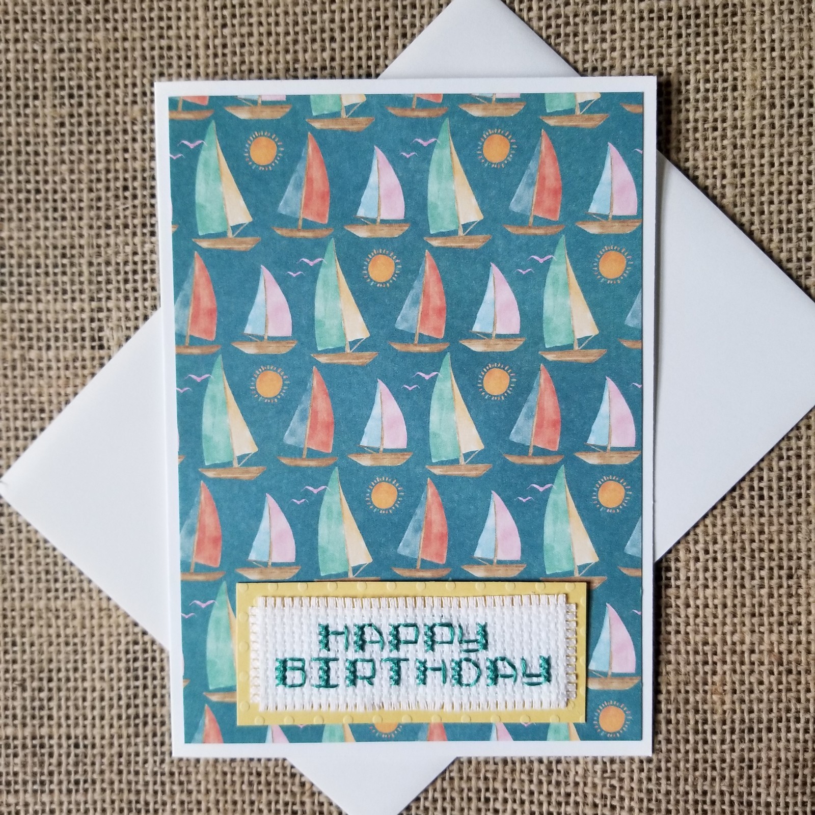 Finished Completed Cross Stitch Happy Birthday Sailboat Blank Note Greeting Card