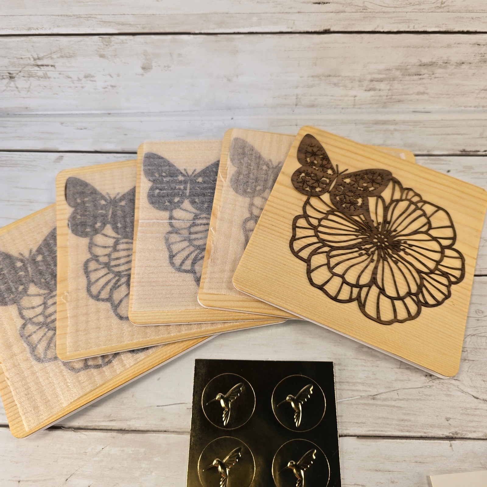 Papyrus Wood Veneer Greeting Cards Laser Cut Butterfly Floral Set of 5