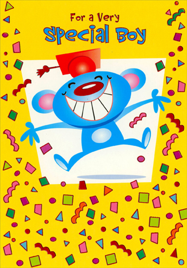 Excited Blue Mouse on Yellow Kids Graduation Congrats Card for Special Boy