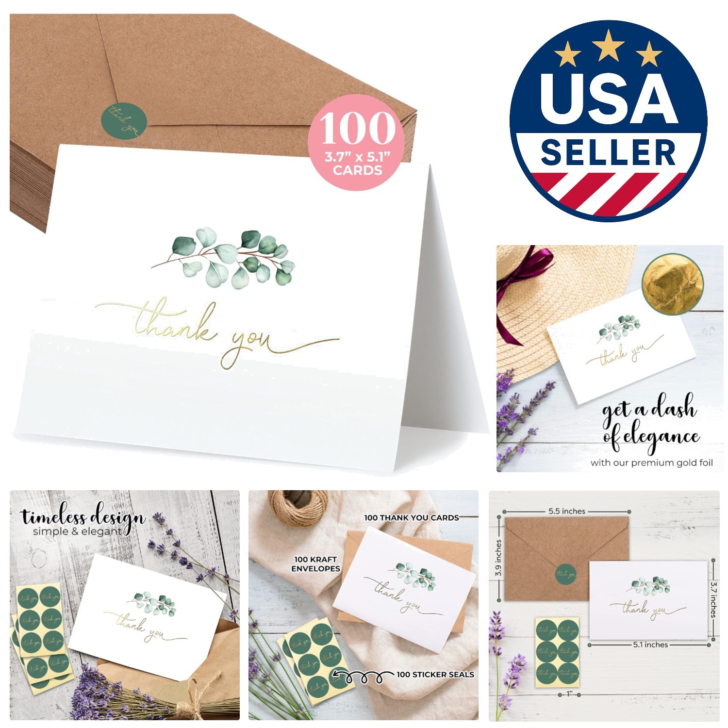 Eucalyptus Thank You Cards – 100 Blank Cards With Envelopes & Stickers (3.7×5.1)