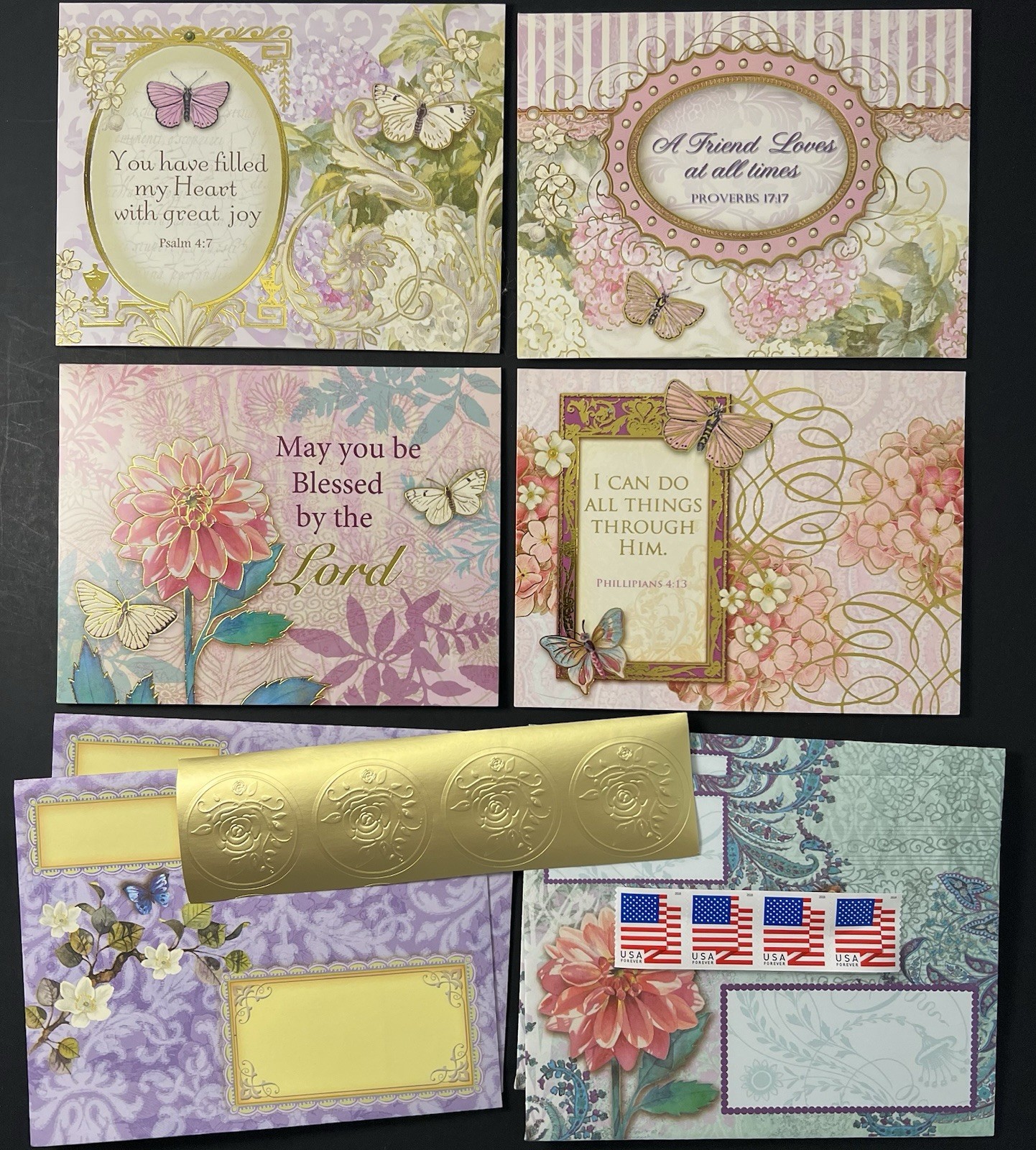 Set of 4 Vintage Style Christian Notecards w/Env/Seals/Stamps BN Blank-Gold Foil