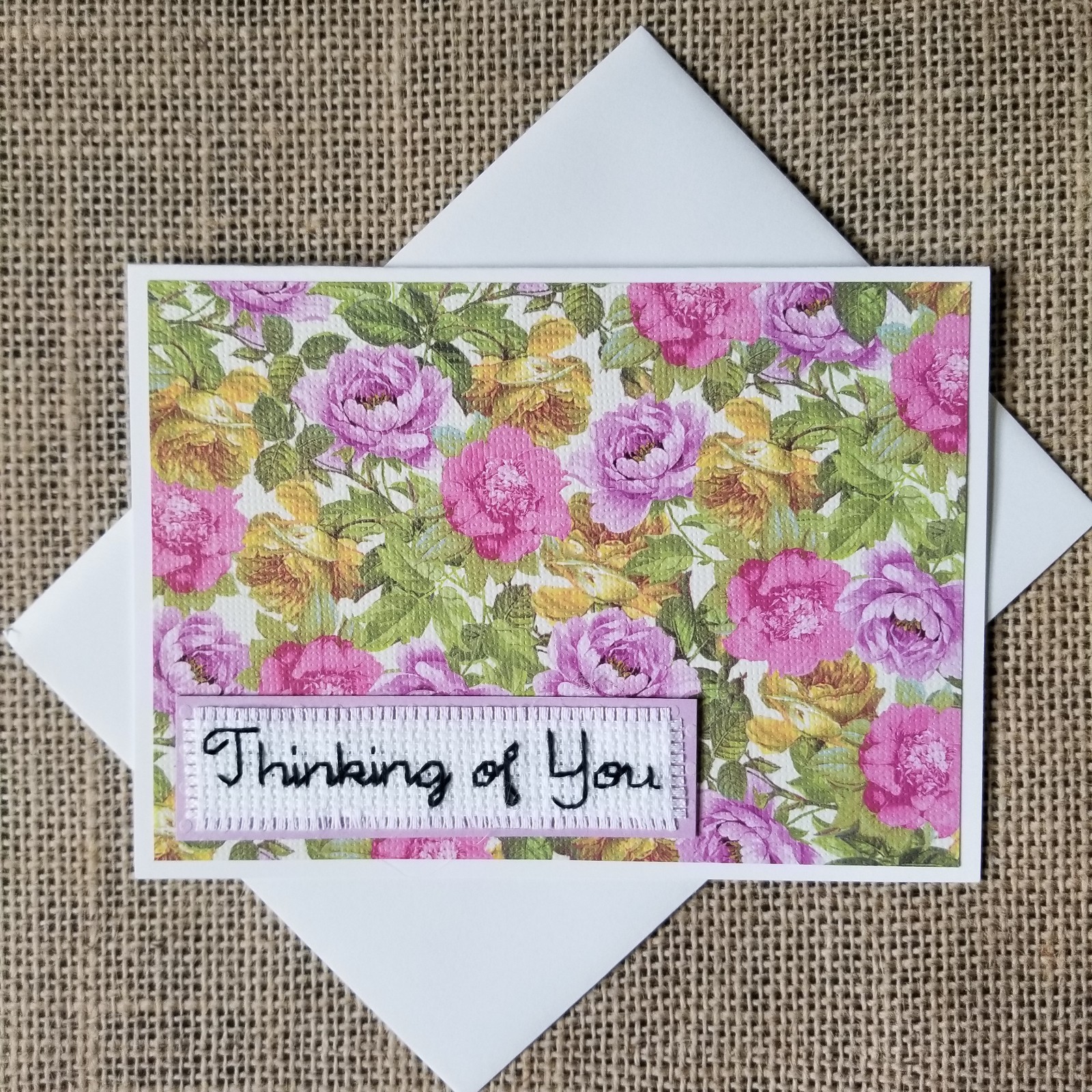 Finished Completed Cross Stitch Thinking of You Floral Blank Note Greeting Card