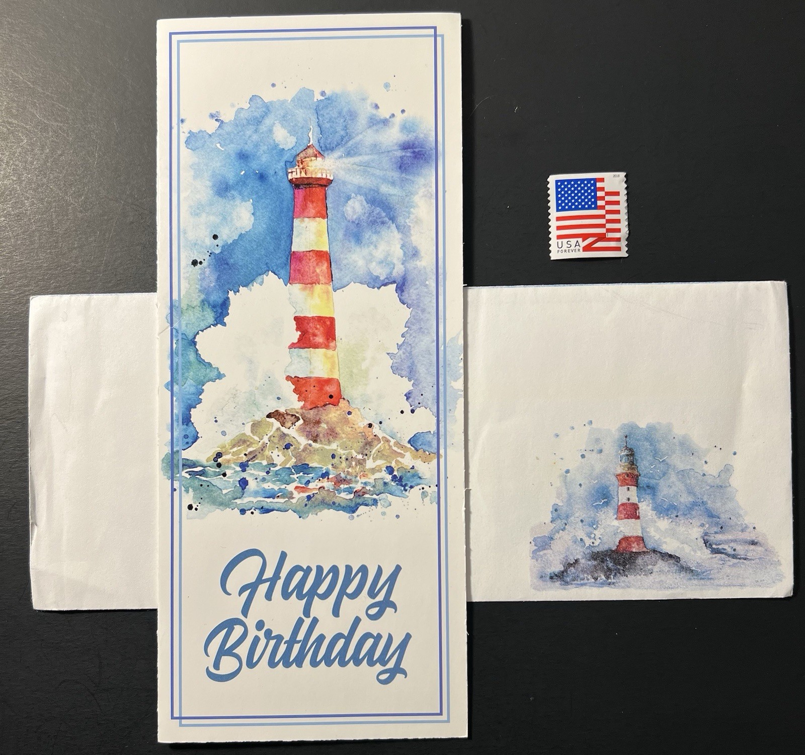 Religious Watercolor Lighthouse BIRTHDAY Card w/Decorated Interior/Env/Stamp