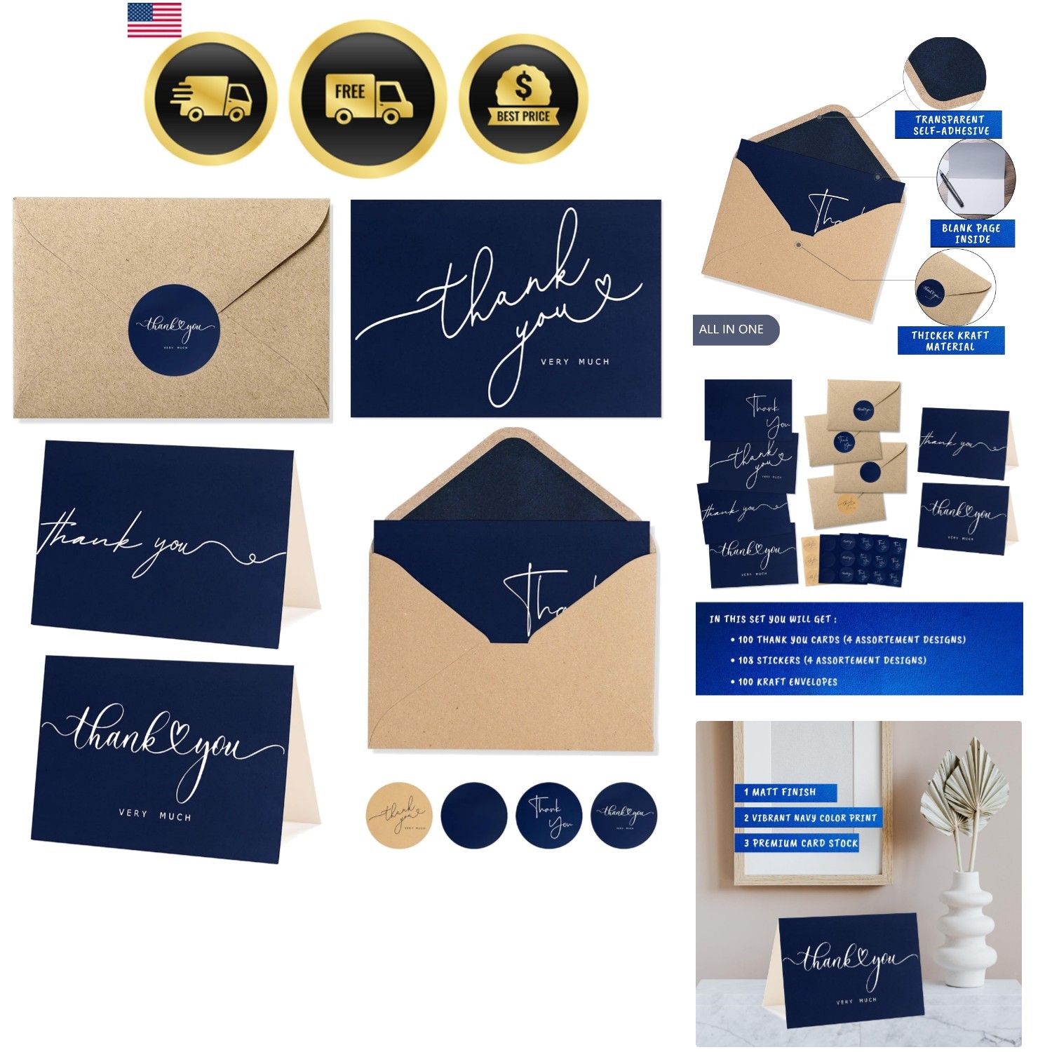 100 Bulk Navy Thank You Cards with Kraft Envelopes and stickers – 4 Minimalis…