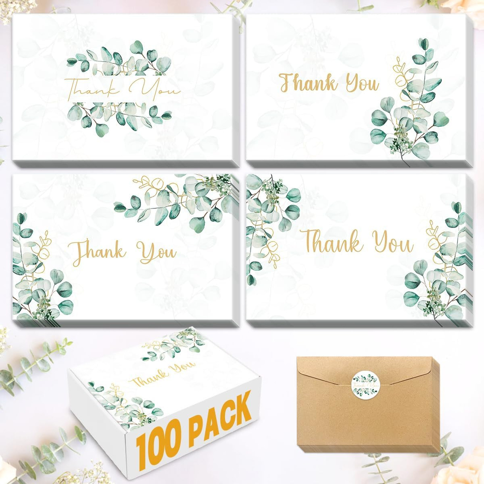 Thank You Cards Bulk 100 Pack with Envelopes Floral Leaves 4×6 Inches for