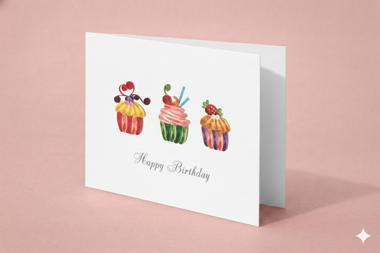 Quilled Happy Birthday Cupcake Card | Handmade Unique Birthday Gift Card