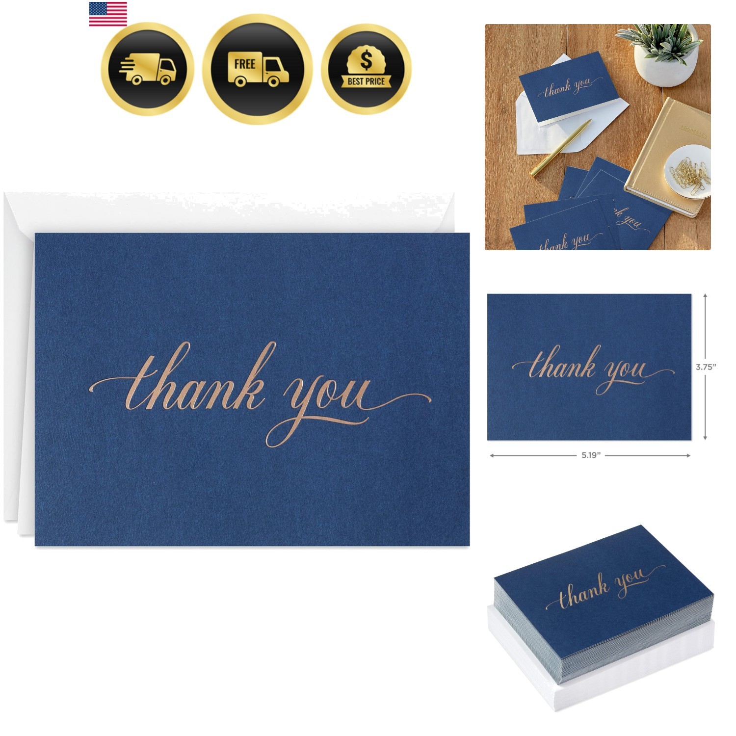 Pack of Thank You Cards, Elegant Silver Foil 40 Thank You Notes with Envelopes