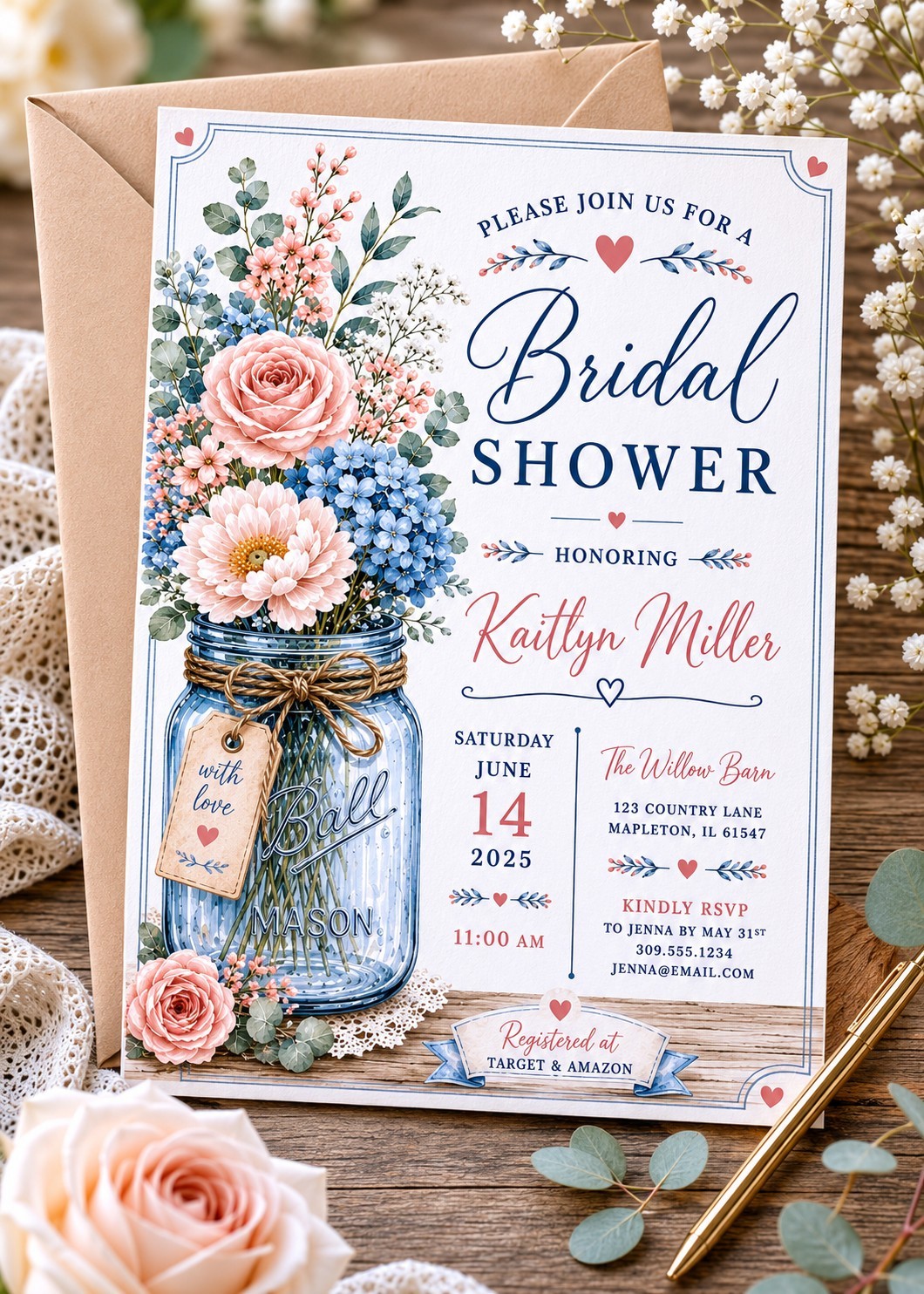Printed Bridal Shower Invitations 25 w/ Envelopes | Rustic Mason Jar Floral