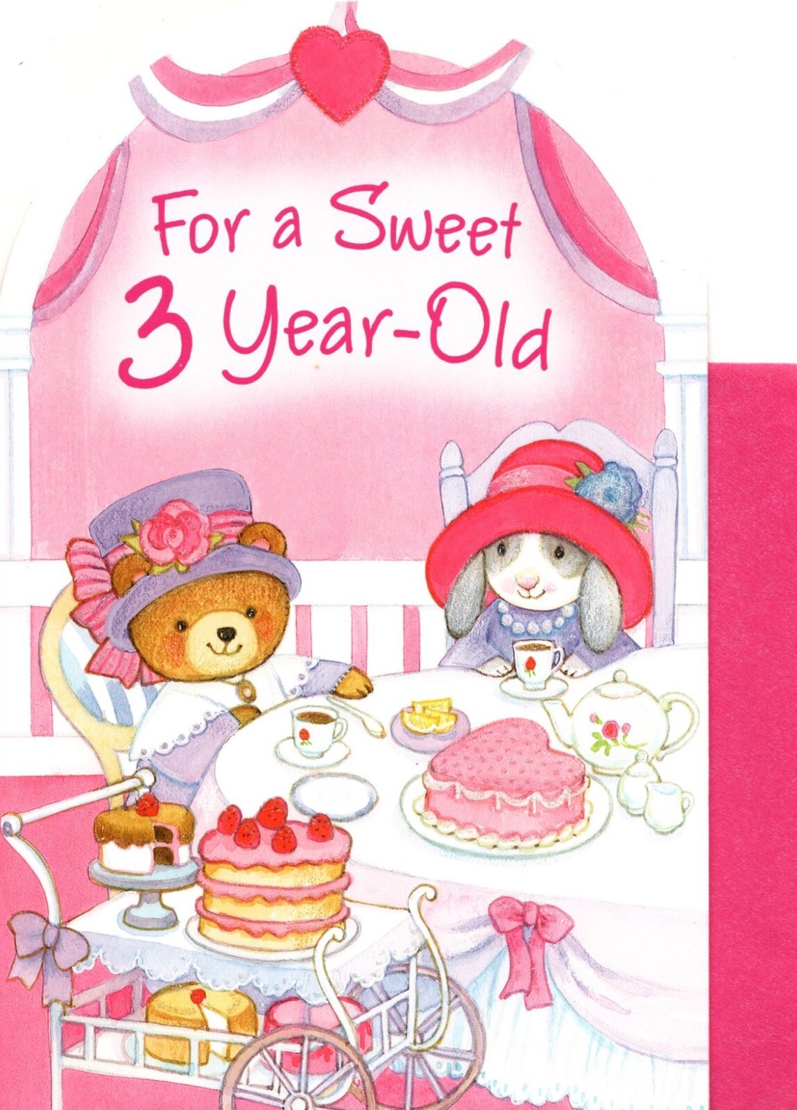 Happy Birthday Turning 3 Third 3rd Bear Bunny Kitty Cat Tea Party Greeting Card