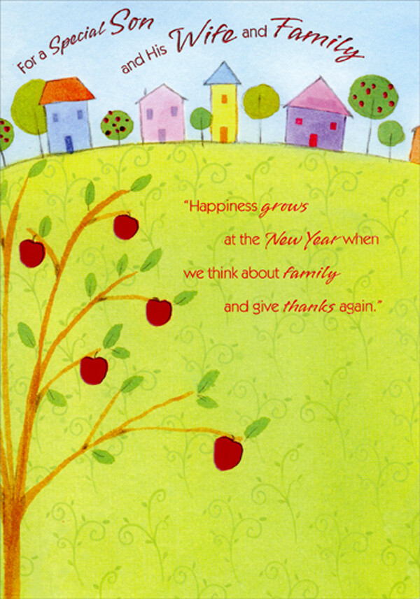 Apple Tree Colorful Houses on Light Green Hill Rosh Hashanah Card for Son