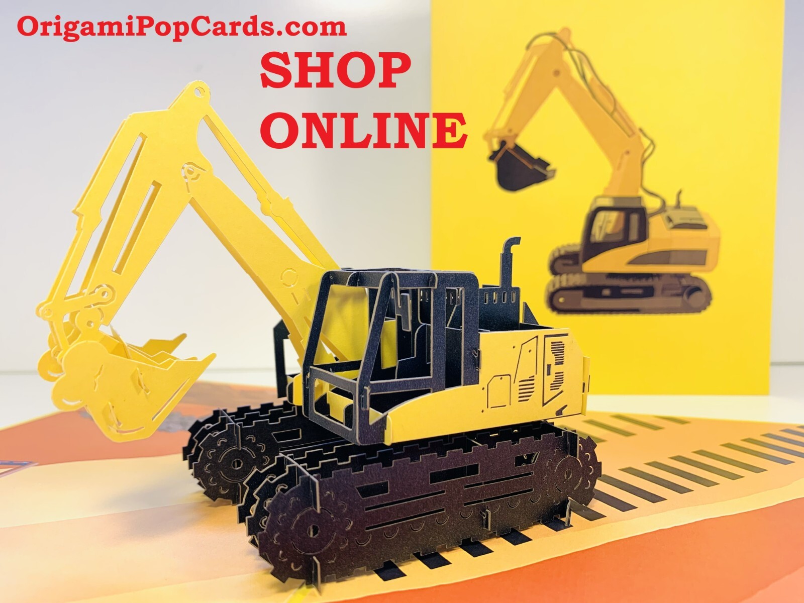 ORIGAMI POP CARDS Excavator Crane Digger Truck 3D Pop Up Greeting Card Birthday