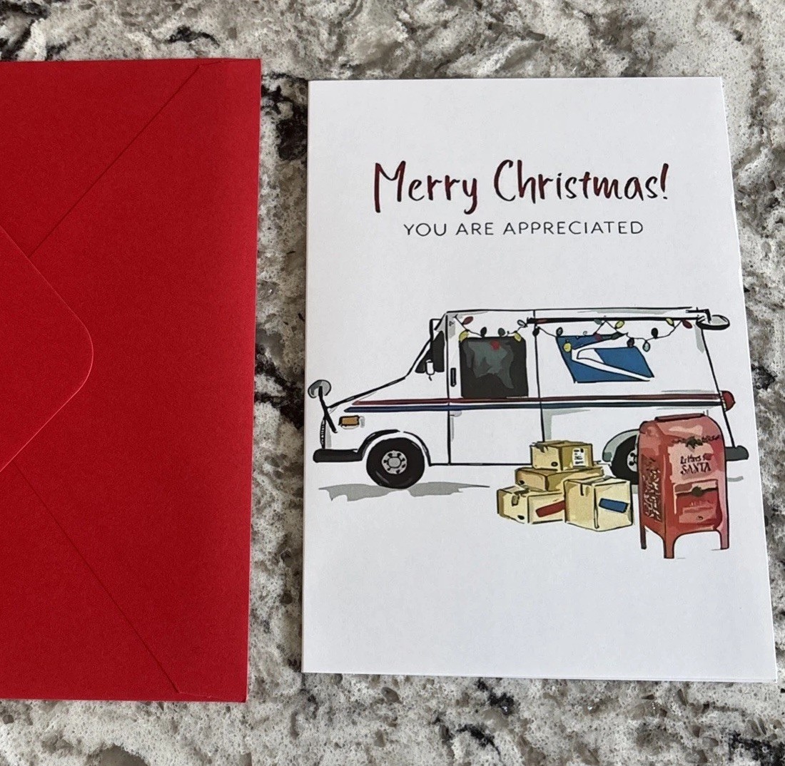 Christmas USPS Postal Worker Thank You 4.6”x6.6” Blank Inside Greeting Card