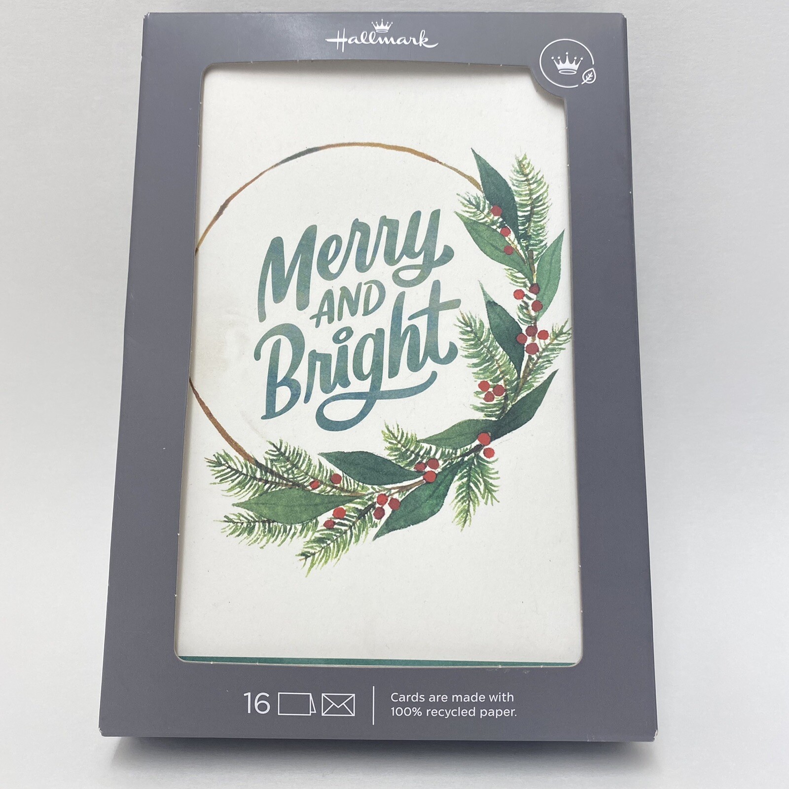 Hallmark Christmas Greeting Cards MERRY & BRIGHT Wreath w Red Berry White 16 pcs